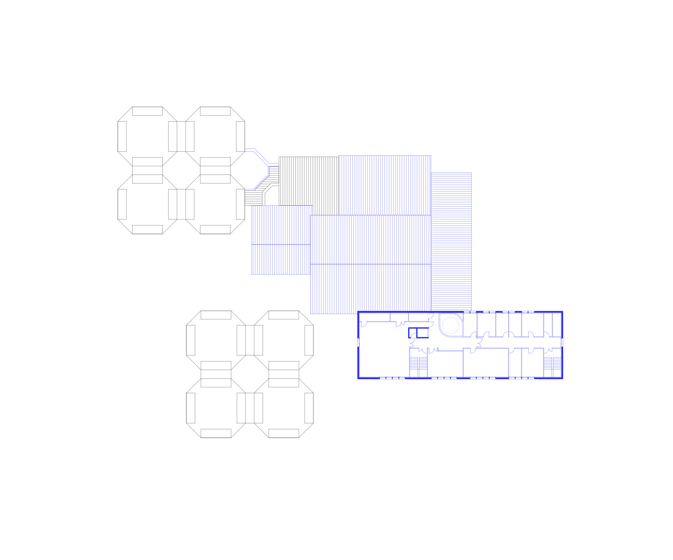 Plan du conservatoire intercommunal d’Annemasse : volume longitudinal restructuré, salles distribuées par un couloir et reliées aux bâtiments existants.
