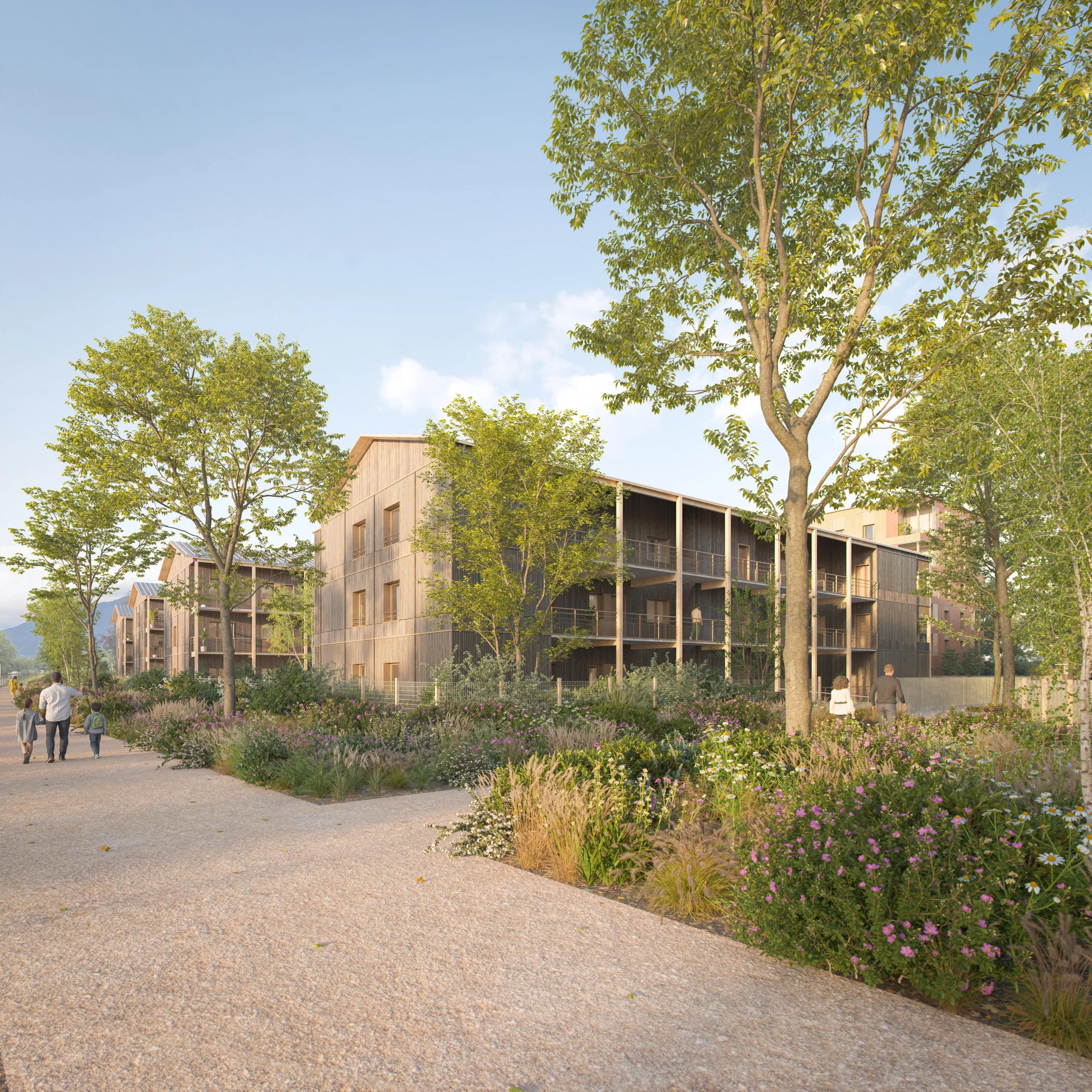 À Thoiry, les 187 logements en bardage bois s’ouvrent sur des balcons filants, le long d’une promenade plantée reliant les volumes bâtis.