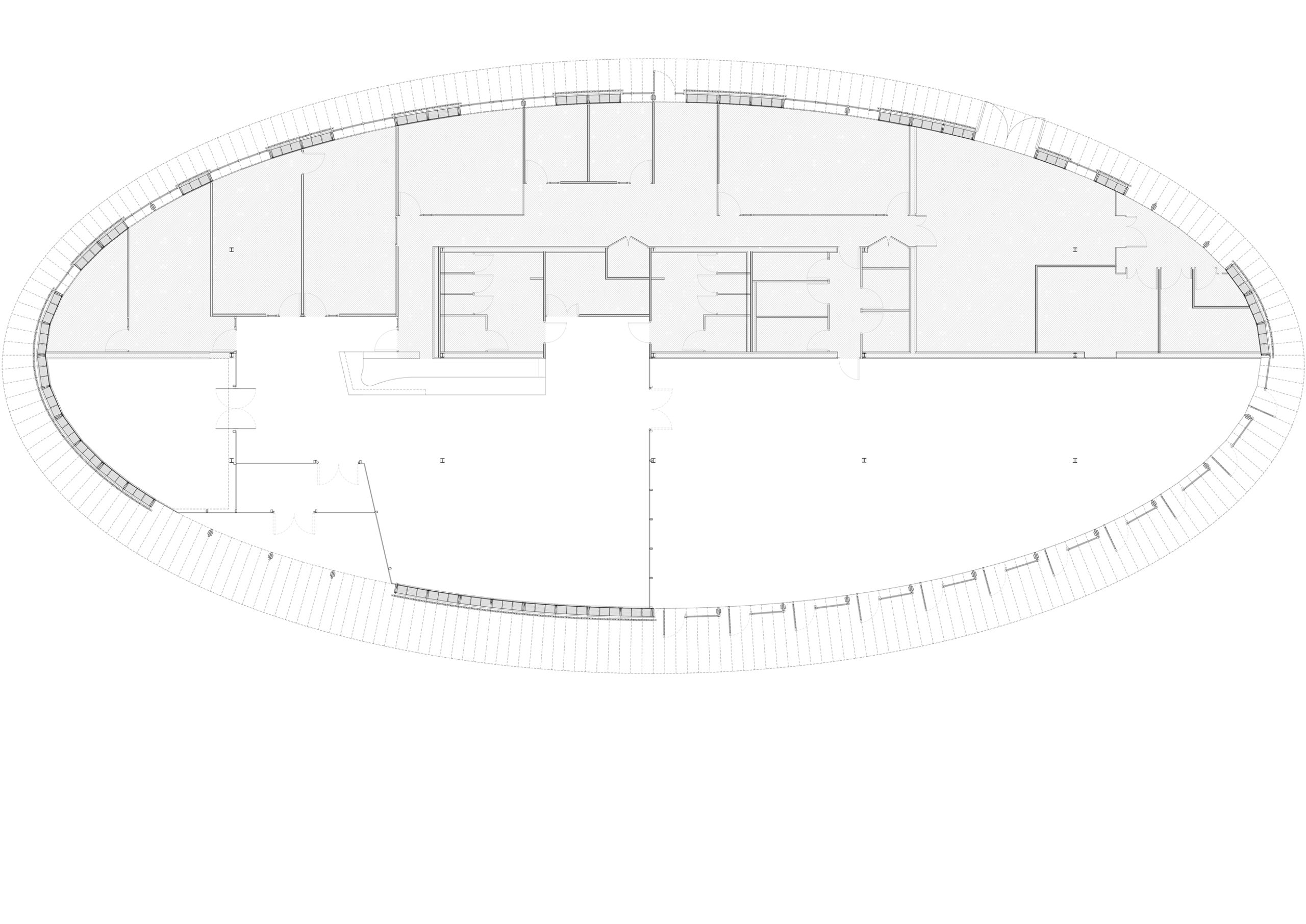 Plan ovale de la Maison de l’environnement Aquaterra à Hénin-Beaumont, montrant la distribution des espaces d’exposition et locaux techniques autour d’un vaste volume central.
