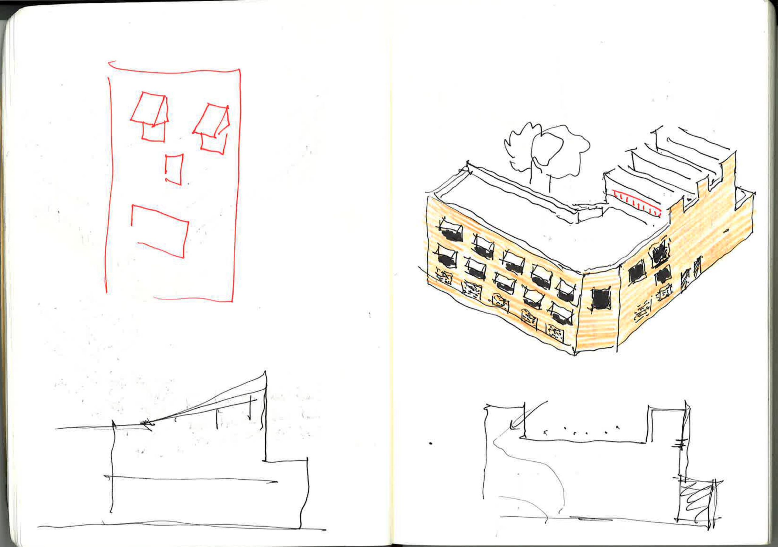Concept sketch of the Pompidou-Mourguet School complex in Lyon, showing an L-shaped masonry block with courtyard, roof terraces and schematic elevations.