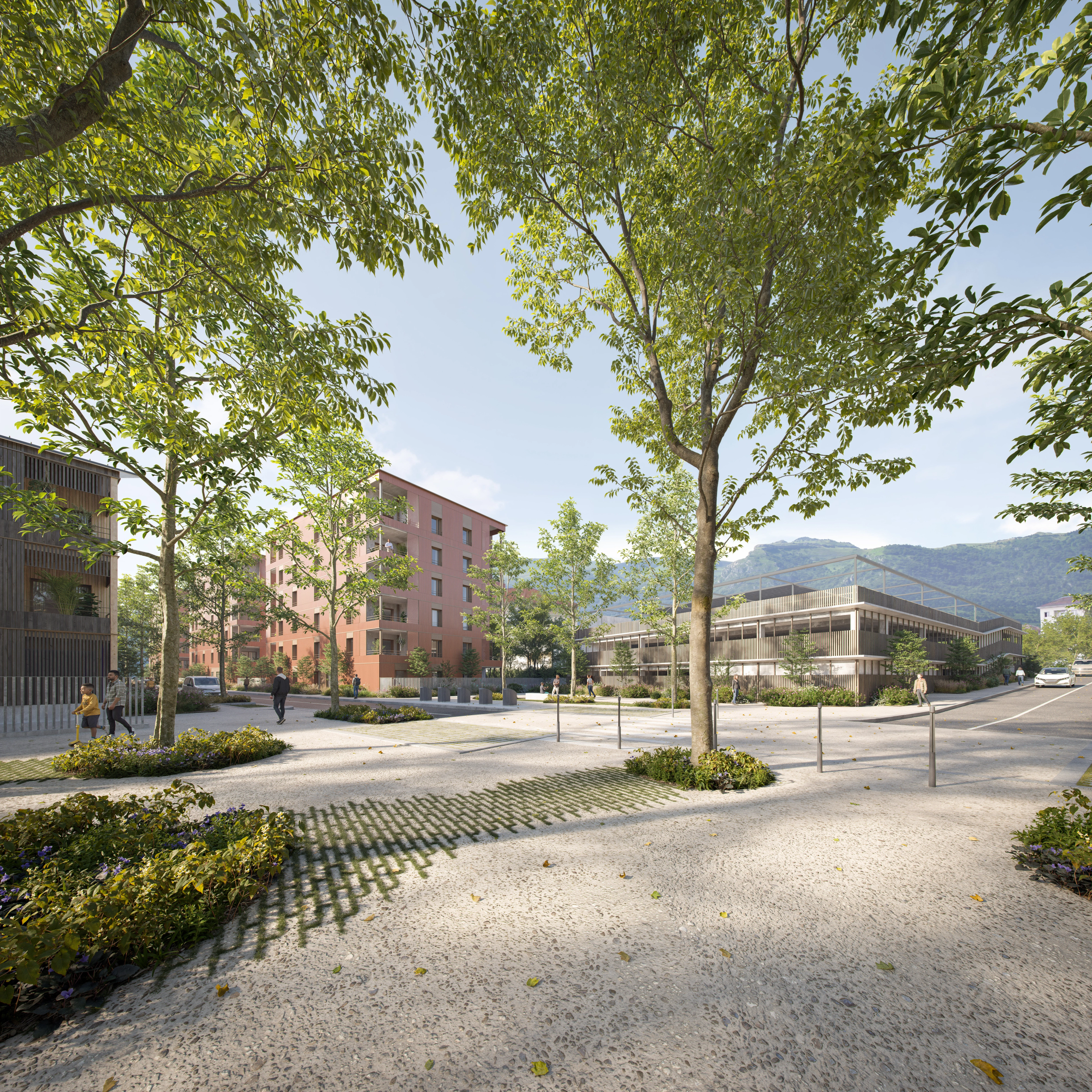 À Thoiry, les 187 logements en volumes ocre et le parking silo à structure bois bordent une place plantée, ouverte sur le relief montagneux.