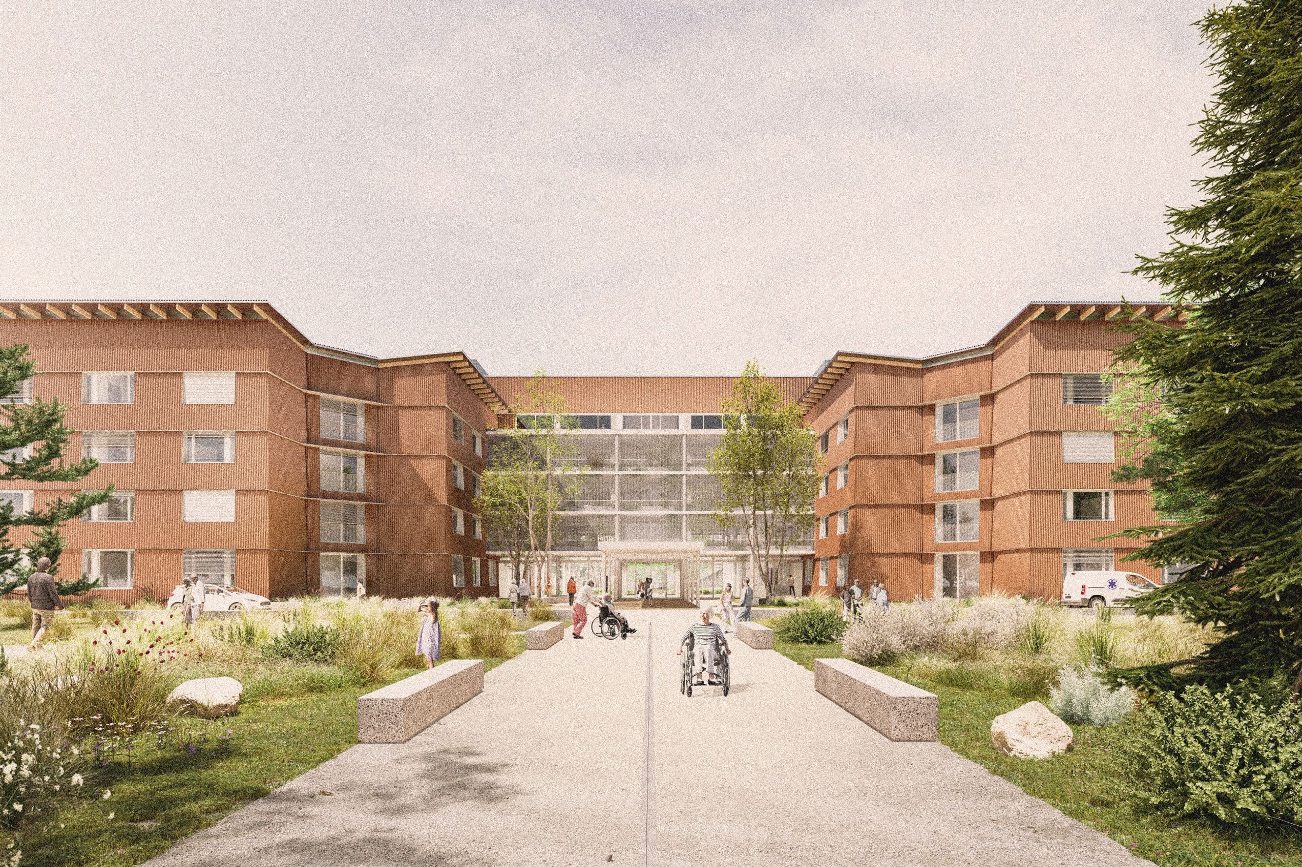 Vue frontale du projet d’EHPAD à Auxerre conçu par Tectoniques, montrant un bâtiment en U de quatre niveaux en structure apparente de béton et façades rythmées par un bardage horizontal brun et de larges baies vitrées ; un parvis central paysager, planté de graminées et d’arbustes, organise l’accès principal et la circulation des résidents en fauteuil roulant et des visiteurs vers un hall largement vitré en retrait, encadré par deux ailes symétriques.