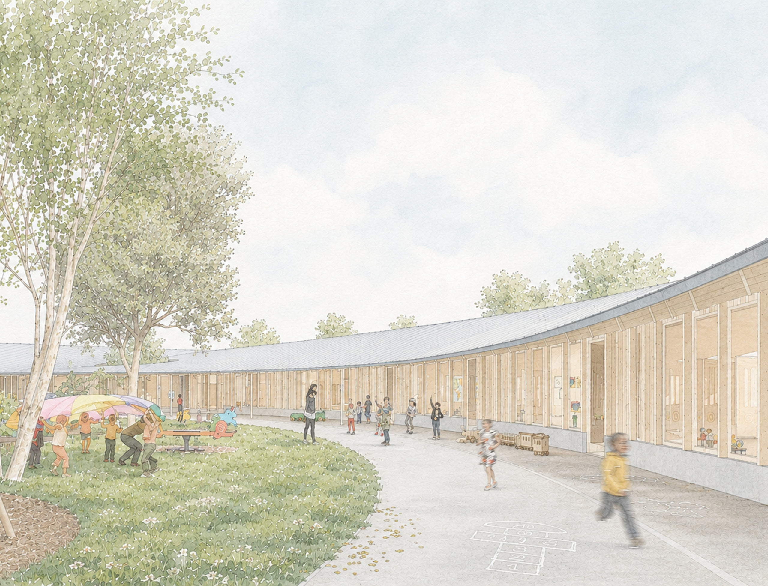 Perspective du groupe scolaire à Vienne : vaste toiture courbe en zinc, ossature bois apparente entourant une cour paysagée animée par les enfants.