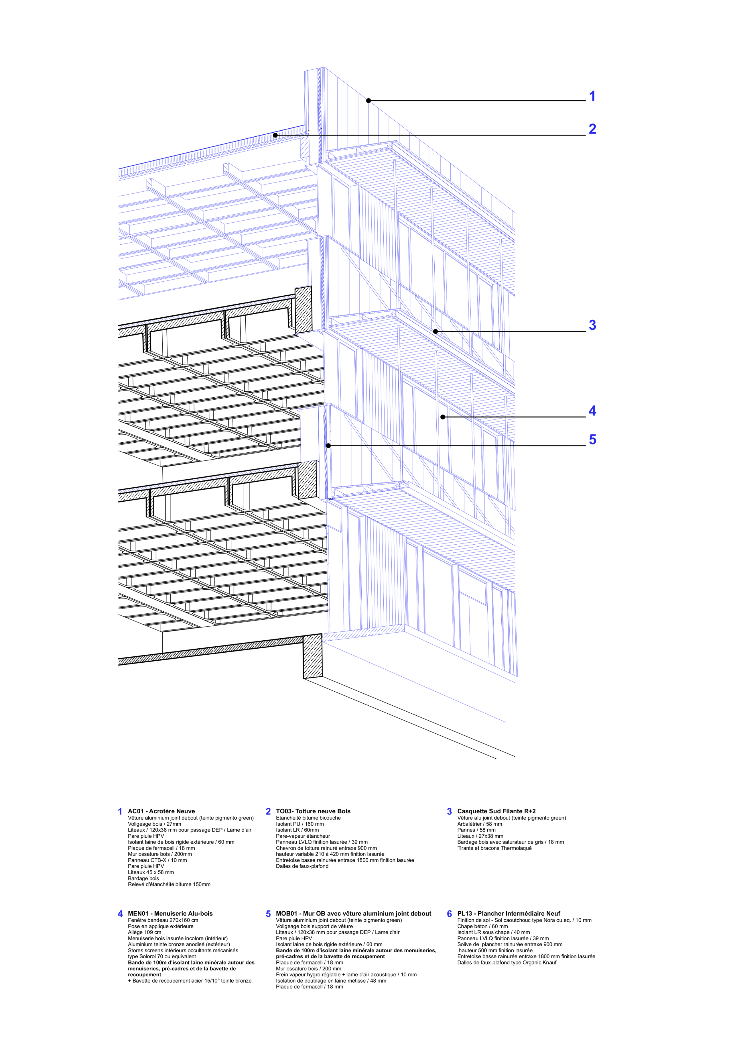 Axonométrie de la restructuration du Secondary school Maryse Bastié à Dole, montrant planchers à caissons béton, surélévation bois et façades vitrées isolées.