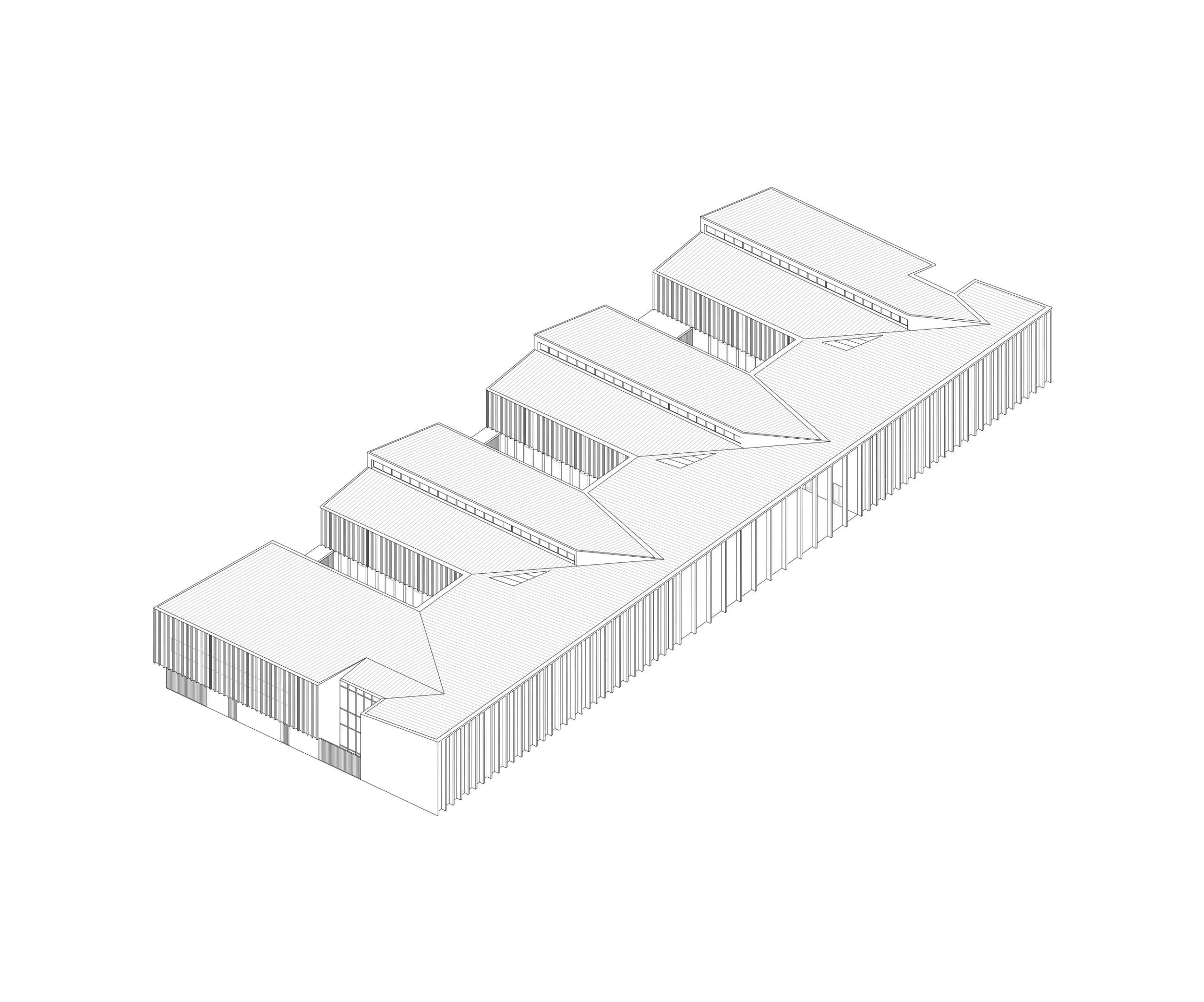 Axonométrie du Collège du Ban à Vagney : plan en peigne, ailes parallèles en structure bois, sheds de toiture et portique longitudinal côté cour.