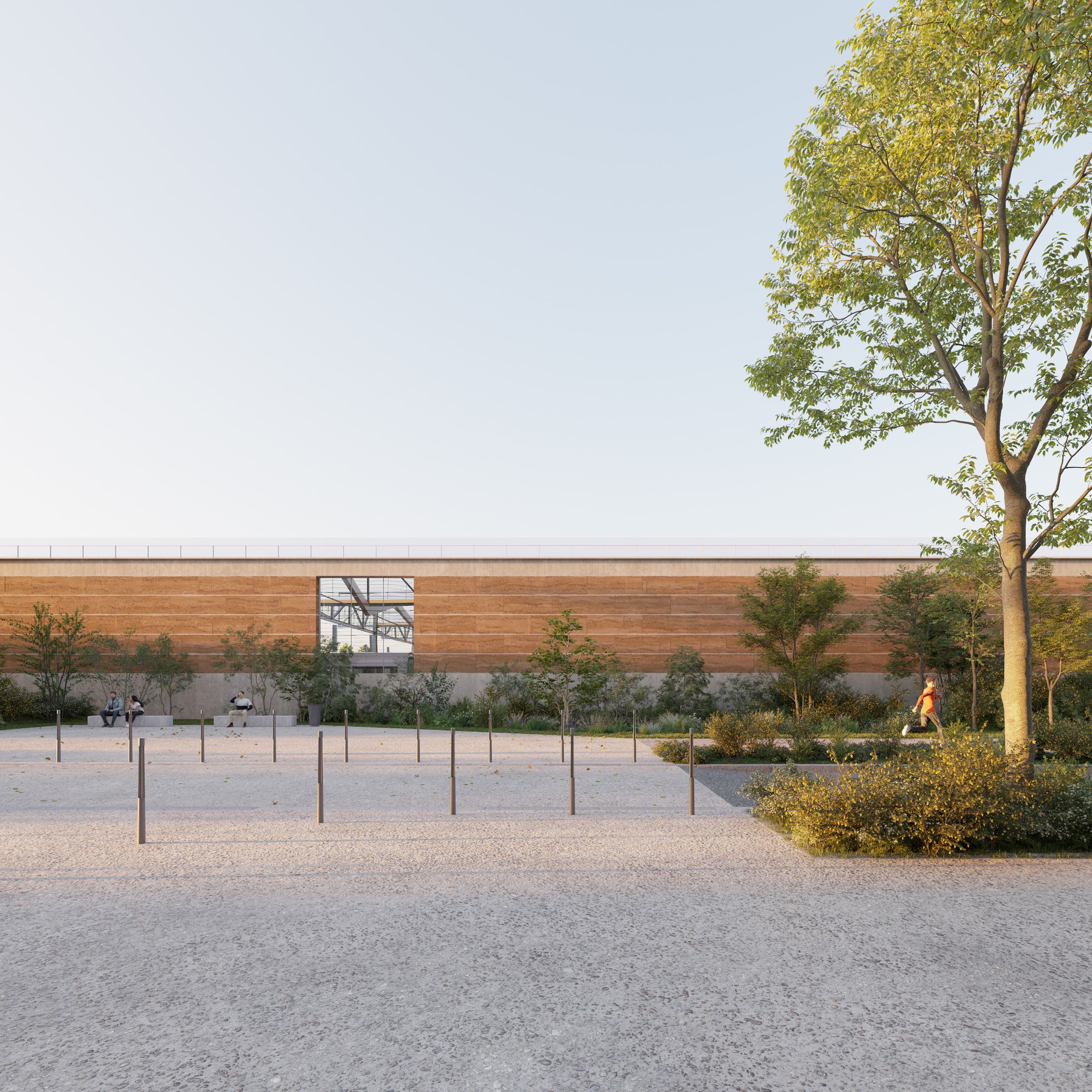 Lyon tramway maintenance center with long rammed-earth façade, central glazed opening and landscaped forecourt with trees and gravel esplanade.