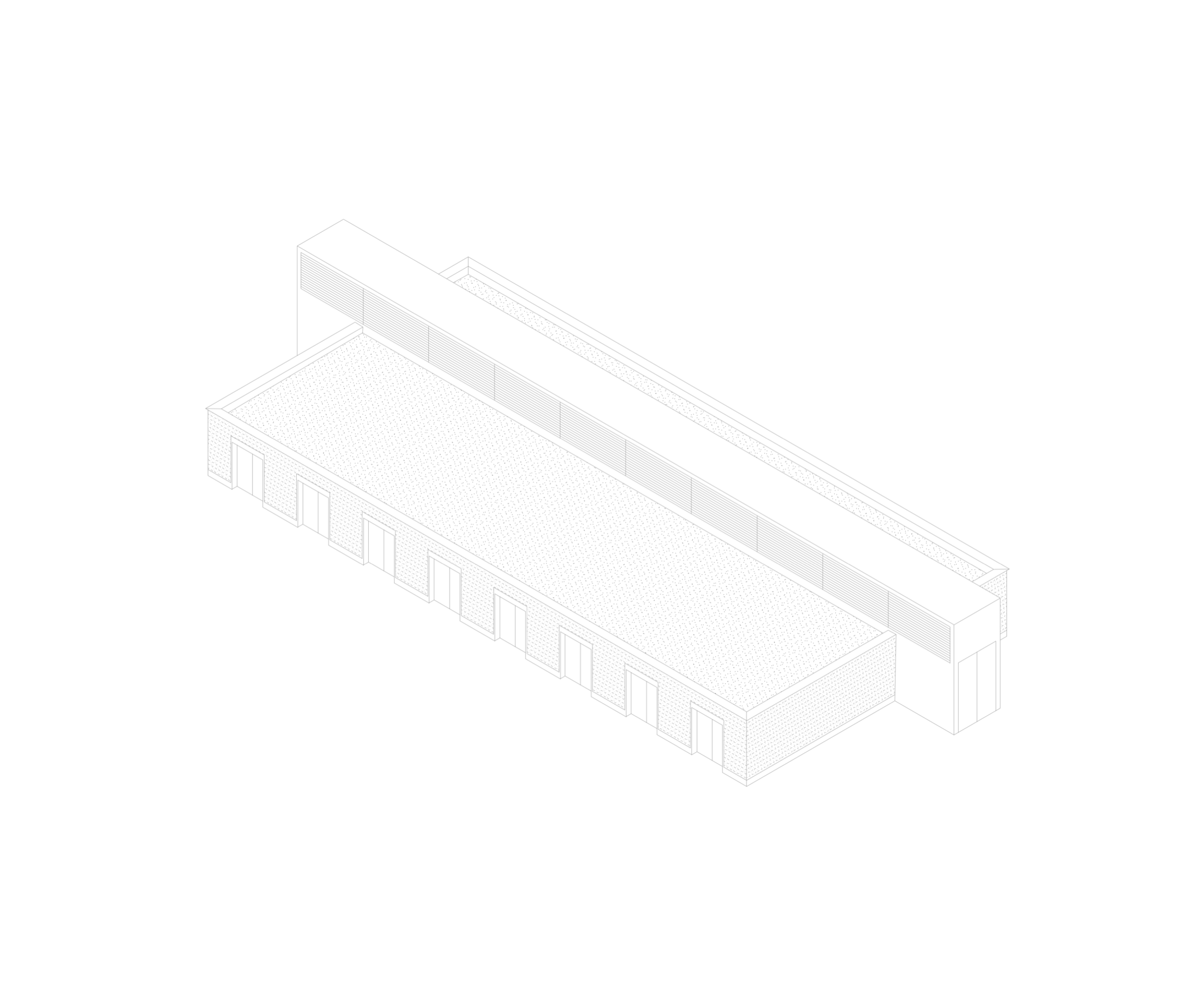 Axonométrie du poste source de Cusset à Villeurbanne : volume longitudinal en béton et acier, trame régulière de baies techniques et circulation en triple hauteur.