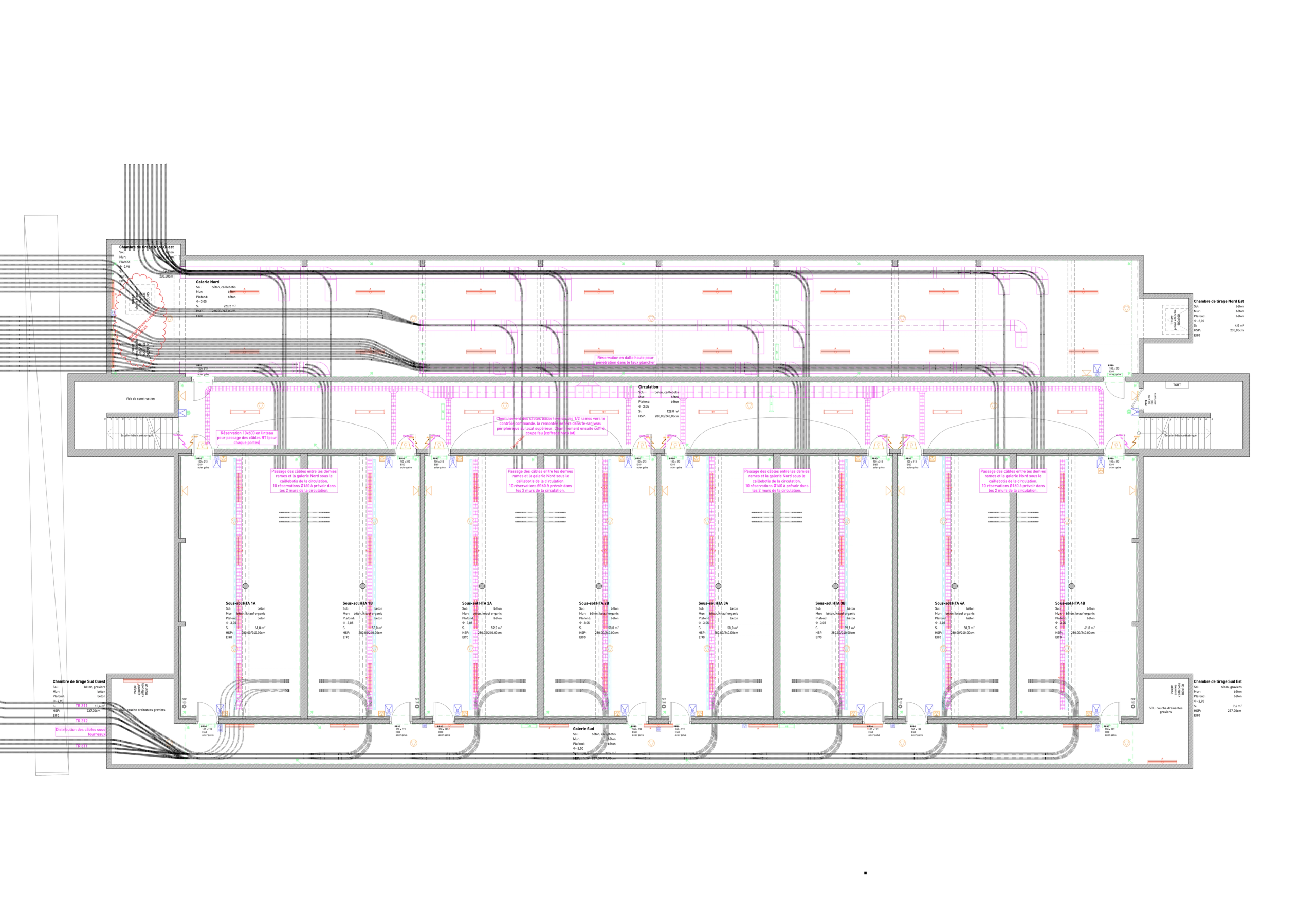Plan technique du poste source de Cusset à Villeurbanne, montrant l’implantation des travées électriques, des gaines de câbles et des circulations en sous-sol.