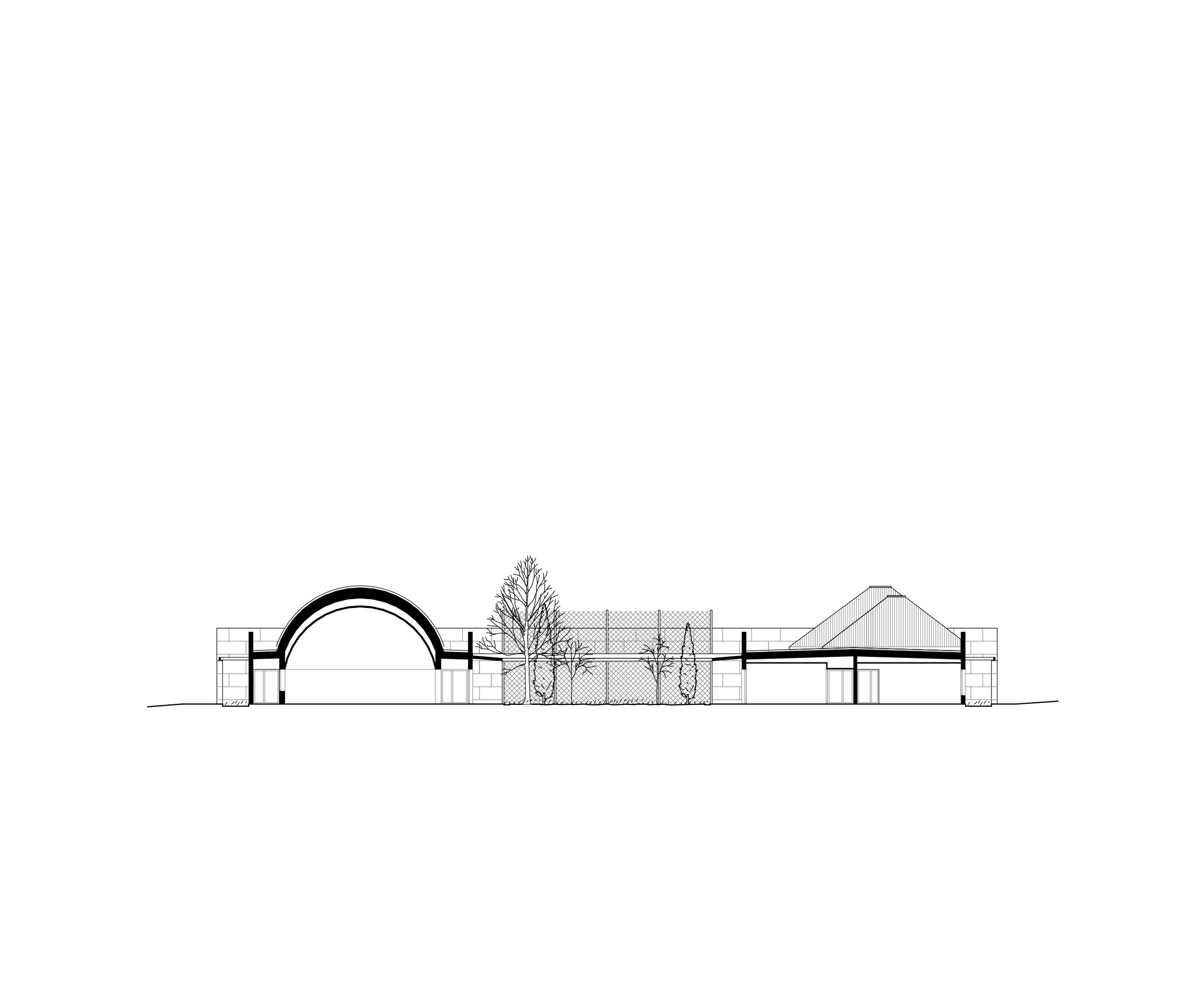Section drawing of the Youth Cultural Center in Vaison-la-Romaine, showing stone enclosure, central garden with trees, and two contrasting roof volumes.