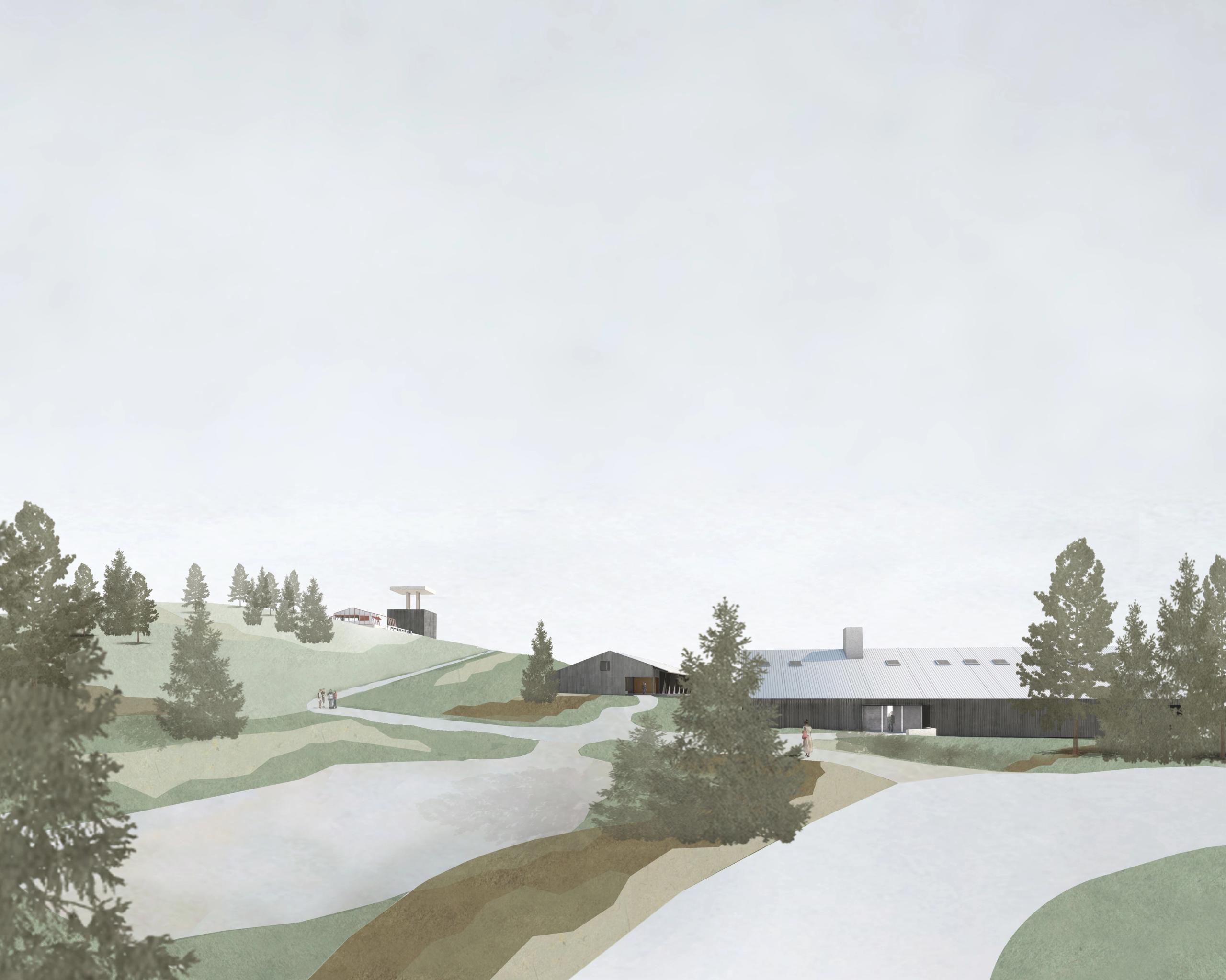 Perspective paysagère de la restructuration de l’auberge de montagne au col de l’Oeillon à Véranne, volumes bois et métal bas, compacts, insérés dans les pentes enneigées.