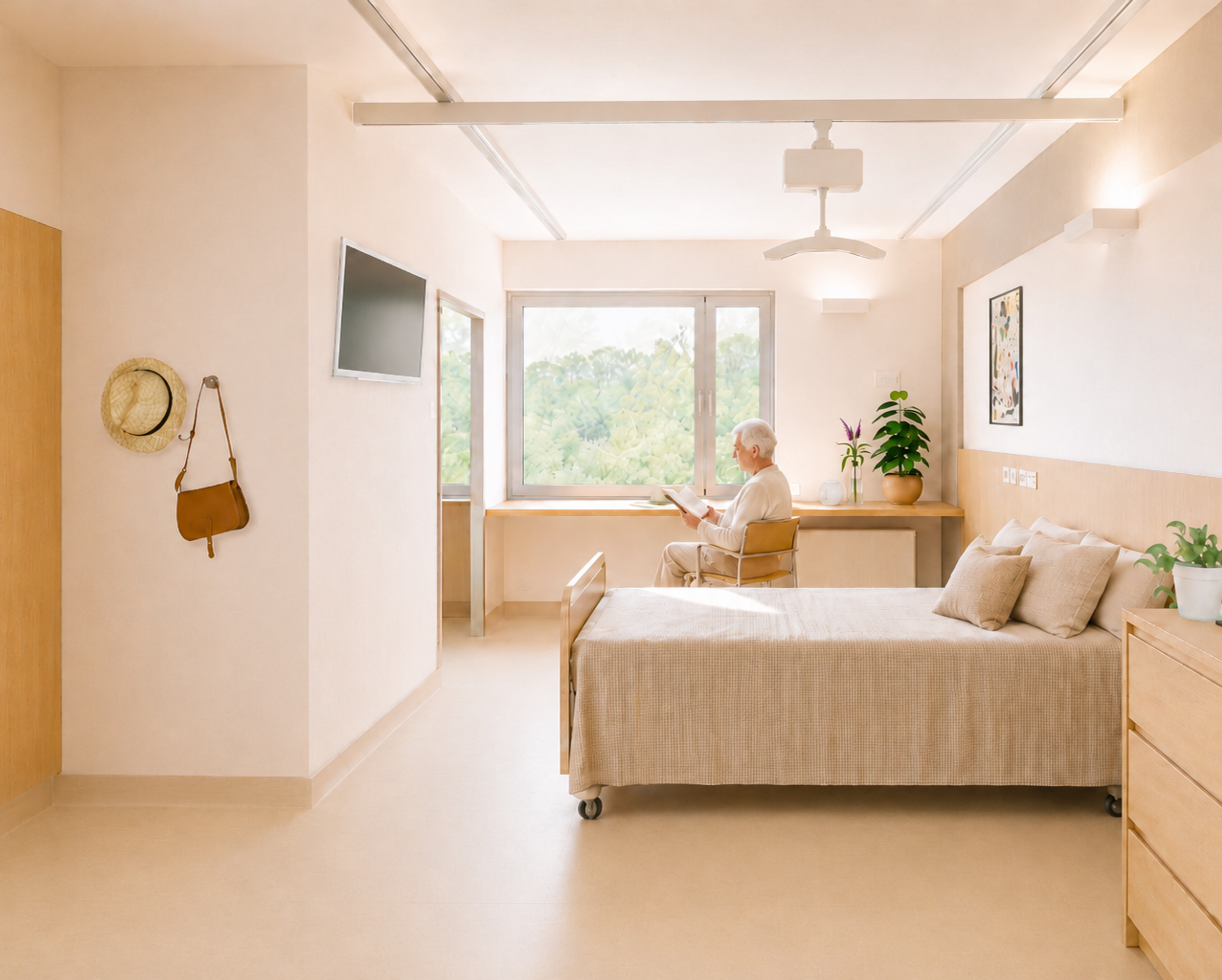 Chambre de l’Ehpad à Auxerre, orientée sur le parc, avec mobilier en bois clair, large baie vitrée, éclairage naturel et traitement domestique de l’espace.