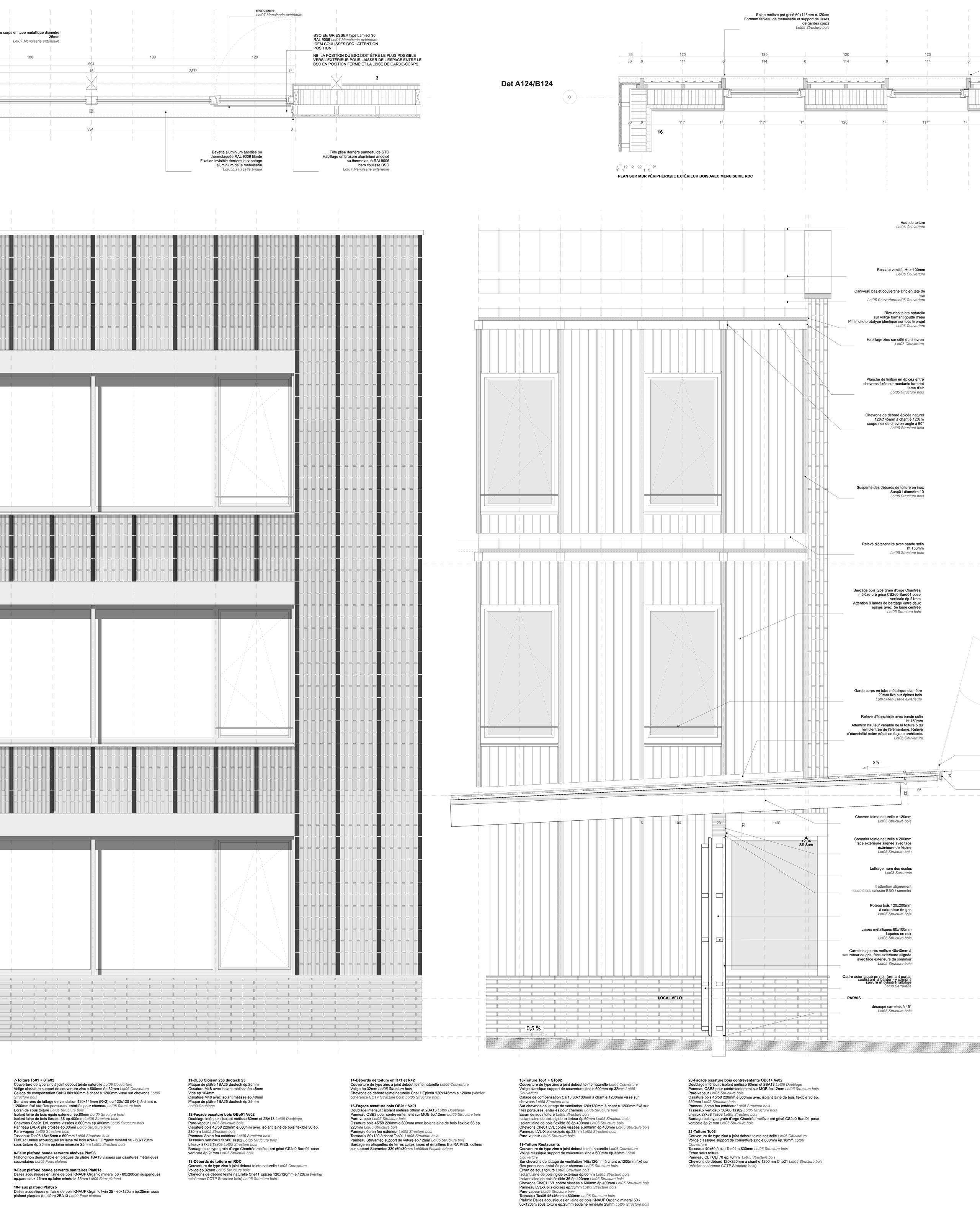 Détail de façade des groupes scolaires Jacqueline Auriol et Jean Jaurès au Bourget, montrant l’ossature bois, le bardage vertical et la base en brique.
