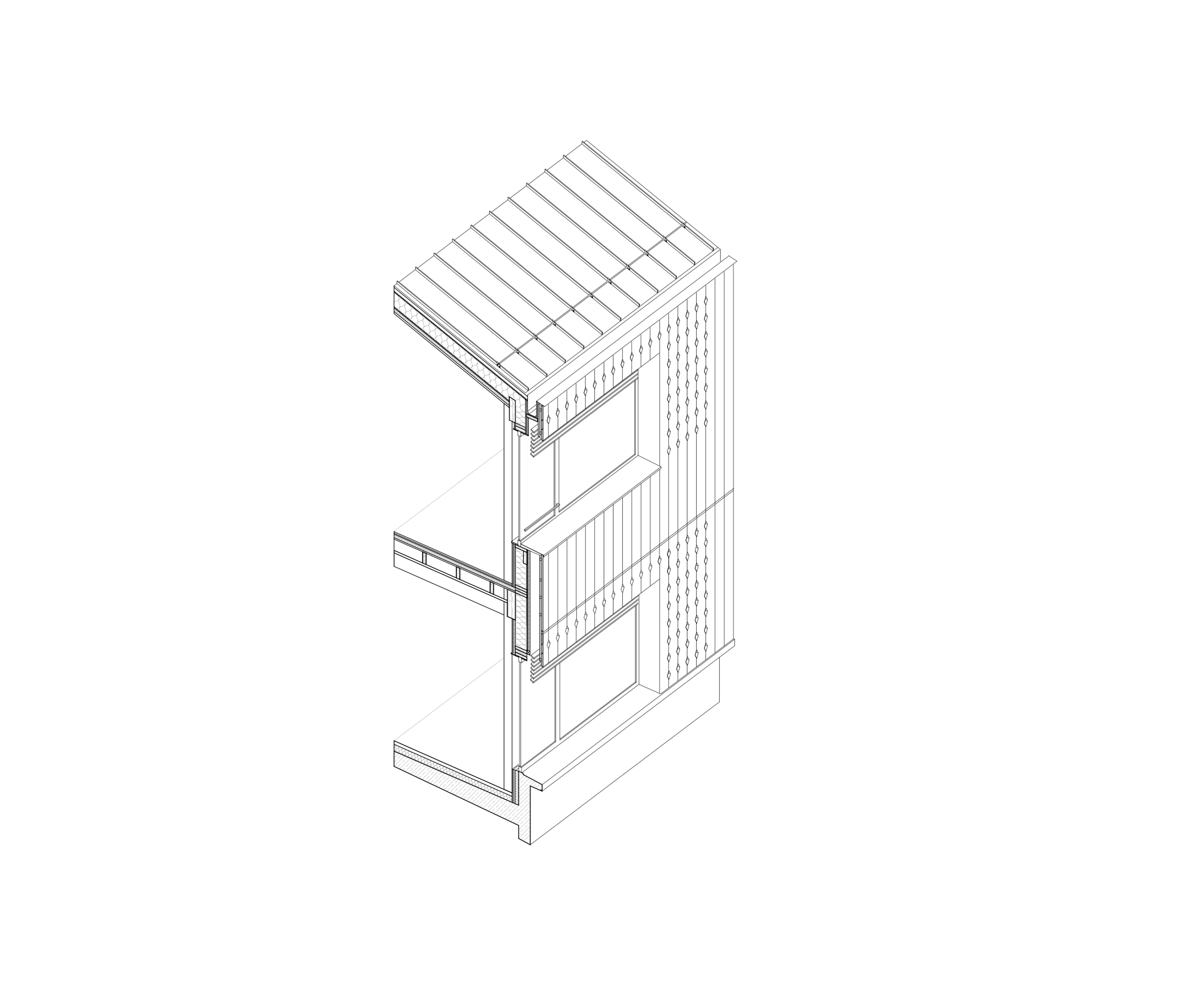 Détail axonométrique du Groupe scolaire Louis Pergaud à Levier, montrant la coupe d’un volume bois compact, toiture à pans et façade à claire-voie structurée.