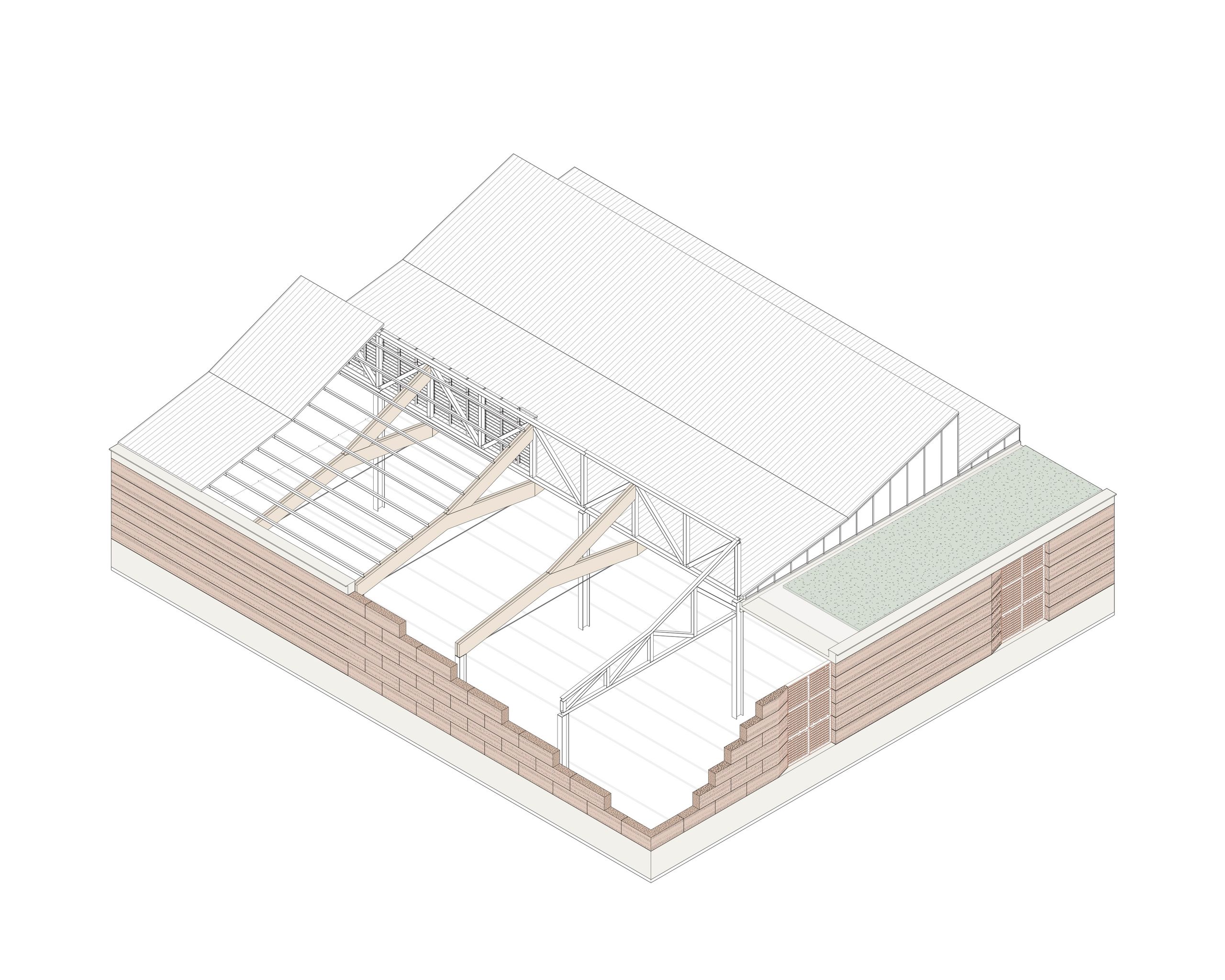 Axonométrie du centre de maintenance de tramway à Lyon, montrant charpente mixte bois-métal, gradins maçonnés, toiture à sheds et volume annexe végétalisé.