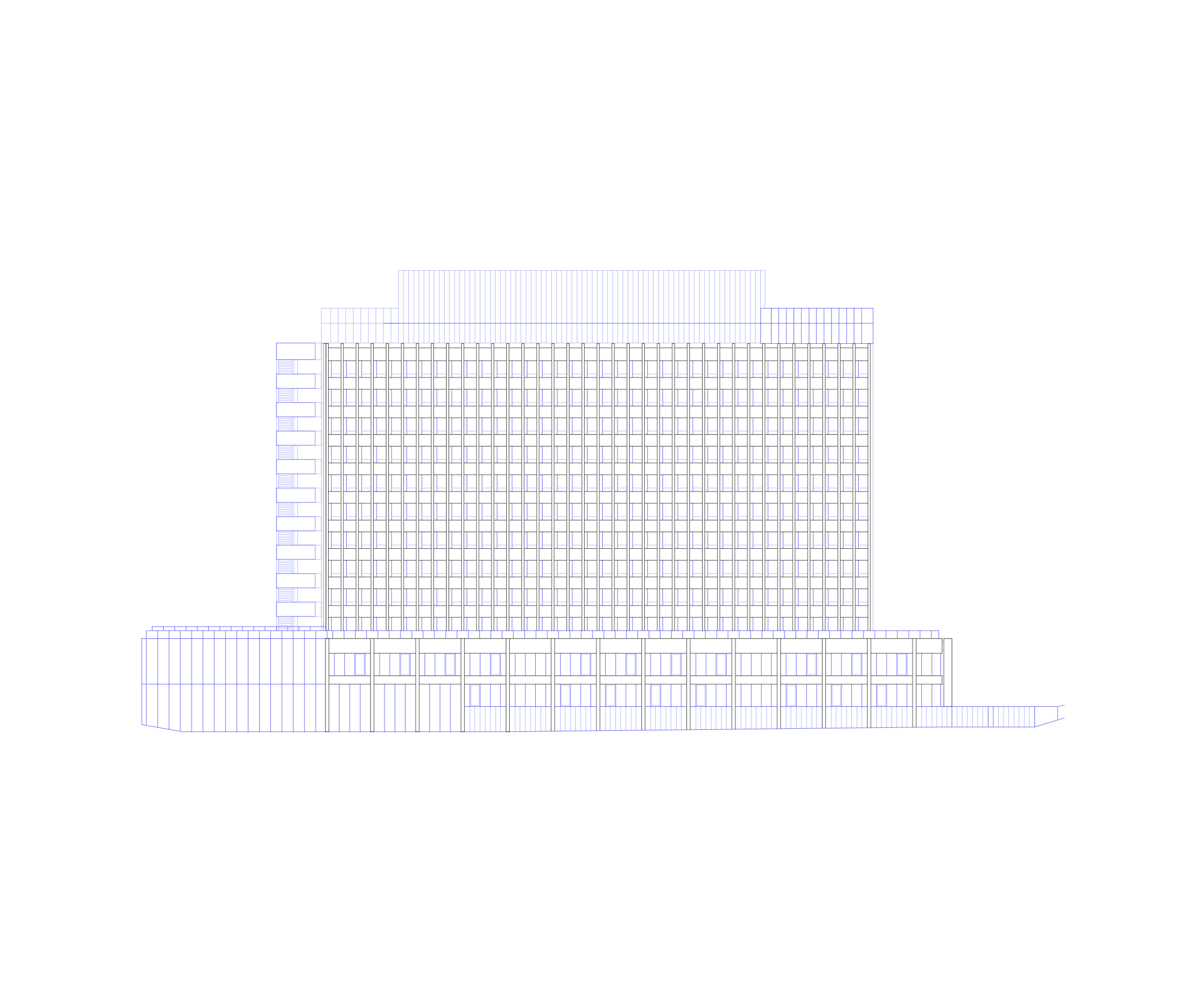 Élévation du projet de réhabilitation de l’IGH Émile Loubet à Saint-Étienne, montrant la tour vitrée sur socle horizontal et l’escalier extérieur cylindrique.
