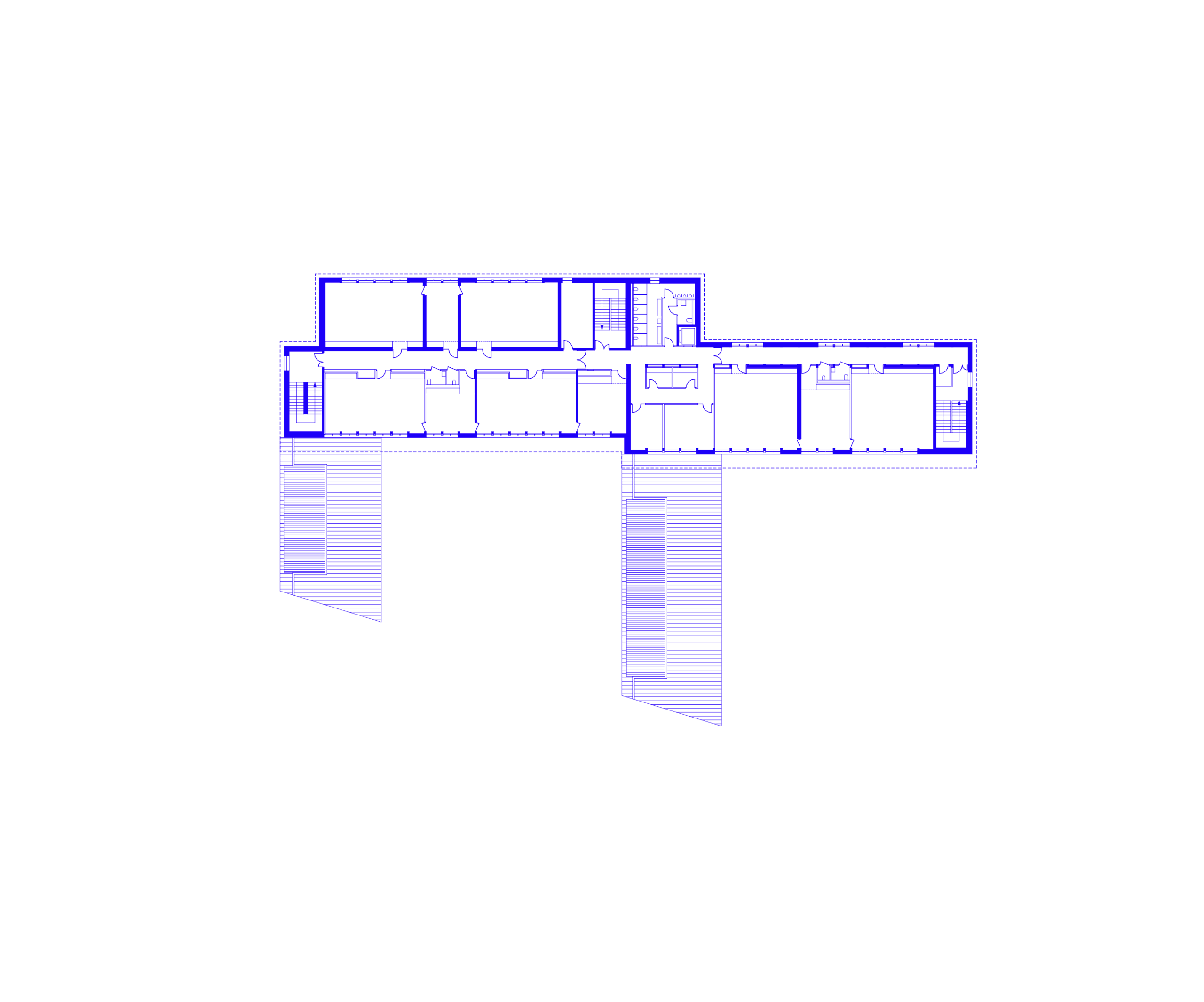 Plan de niveau du groupe scolaire du Bouchet à Bonneville, montrant la trame en béton existante, la restructuration des salles de classe et les deux préaux perpendiculaires.