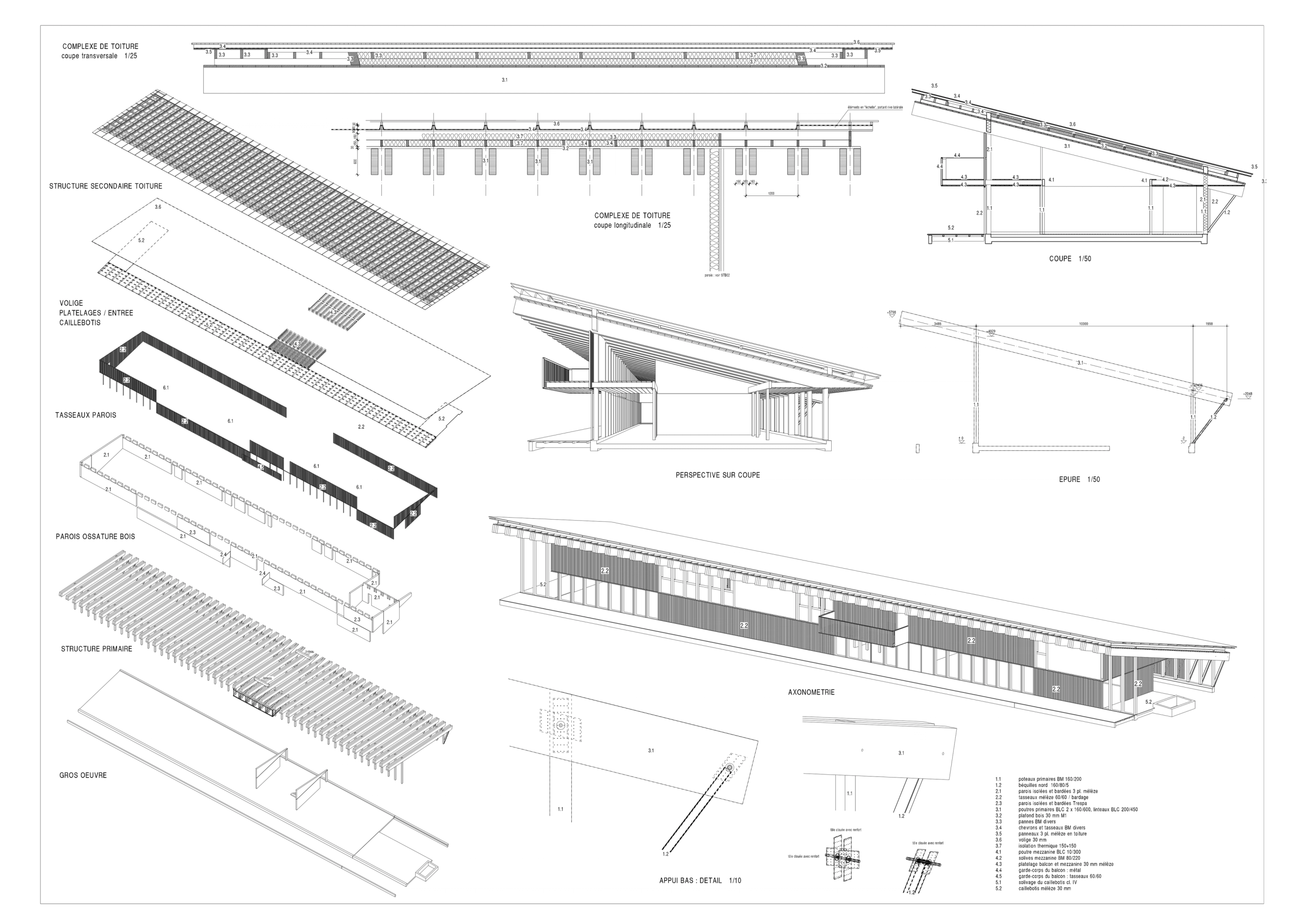 Dessin technique de l’espace nordique de Bessans : axonométries et coupes d’un volume linéaire en ossature bois, grande toiture en lauze et portiques rythmant la façade sud.