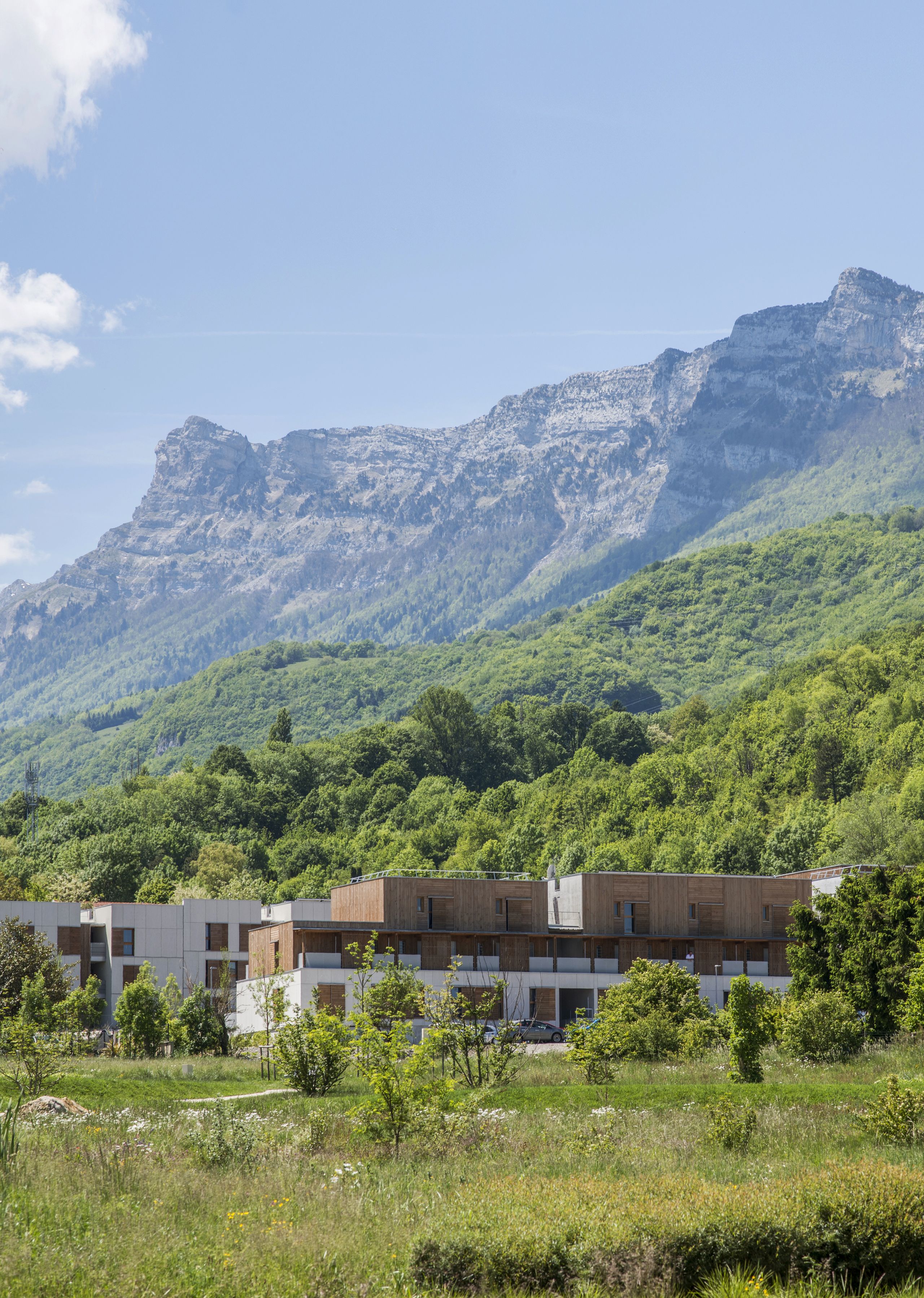 Vue du projet de 65 logements à Seyssins : volumes intermédiaires bois-béton en gradins dans la pente, ouverts sur un jardin partagé face au Vercors.