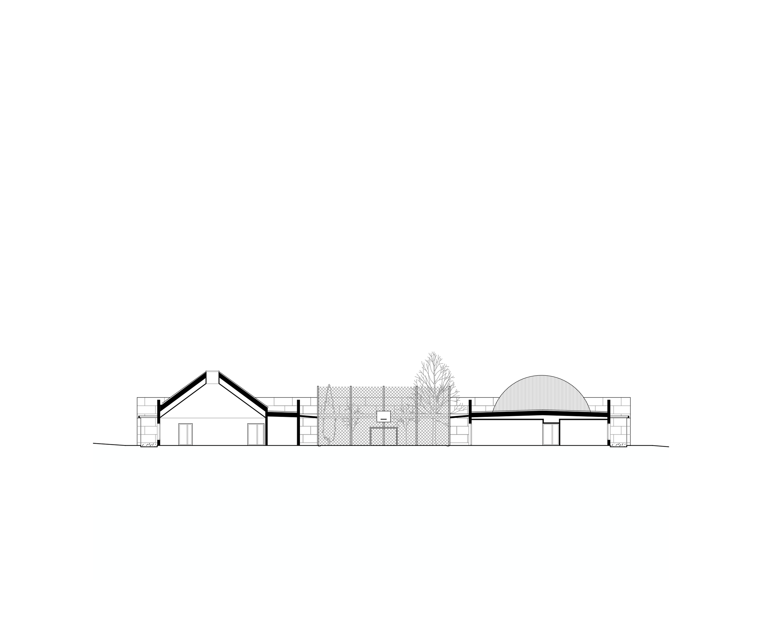Longitudinal section of the Youth Cultural Center in Vaison-la-Romaine, showing stone enclosure, garden and sports court between two distinct hall volumes.