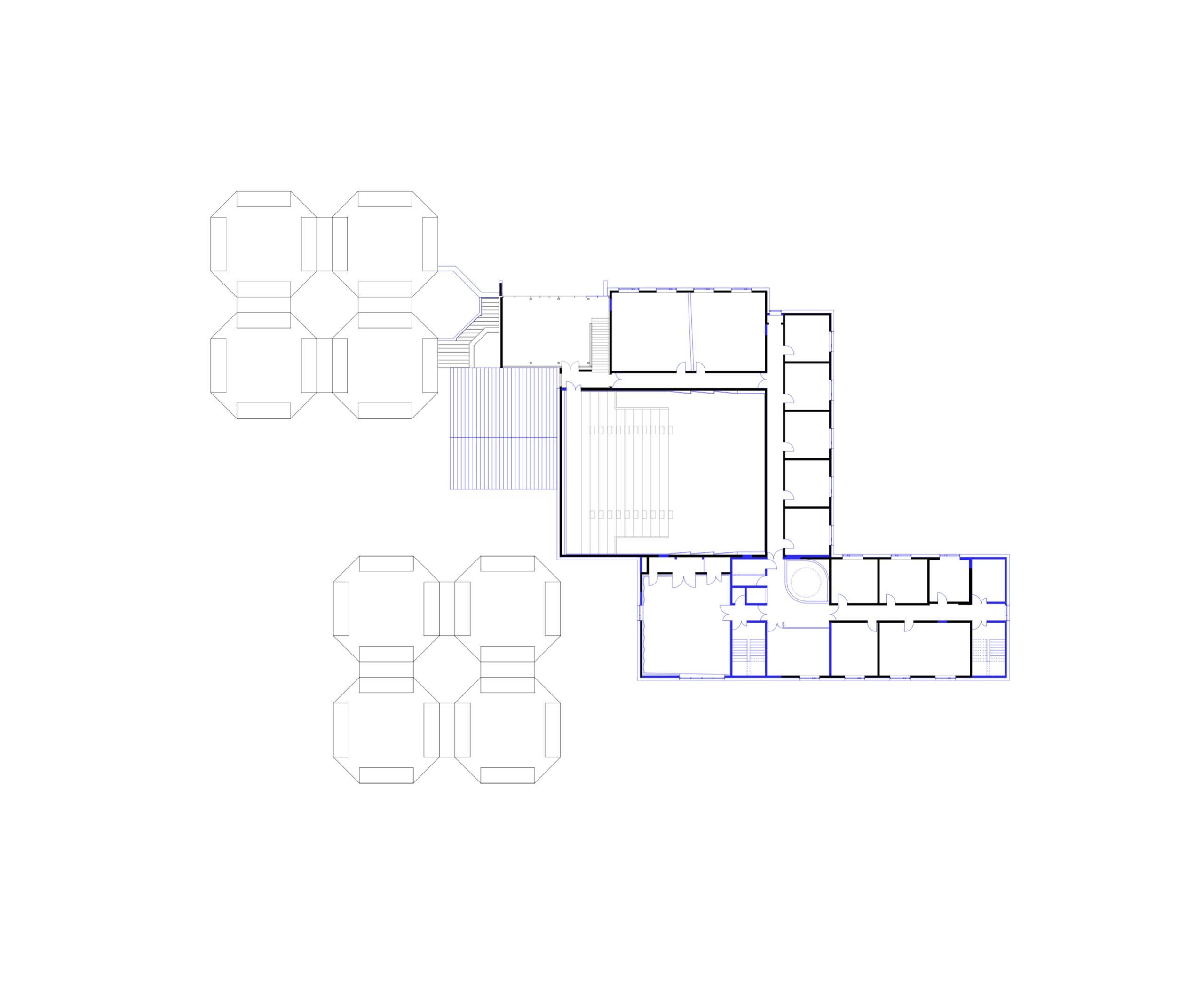 Plan de la réhabilitation du conservatoire intercommunal d’Annemasse : auditorium central, salles périphériques et volumes modulaires reliés.