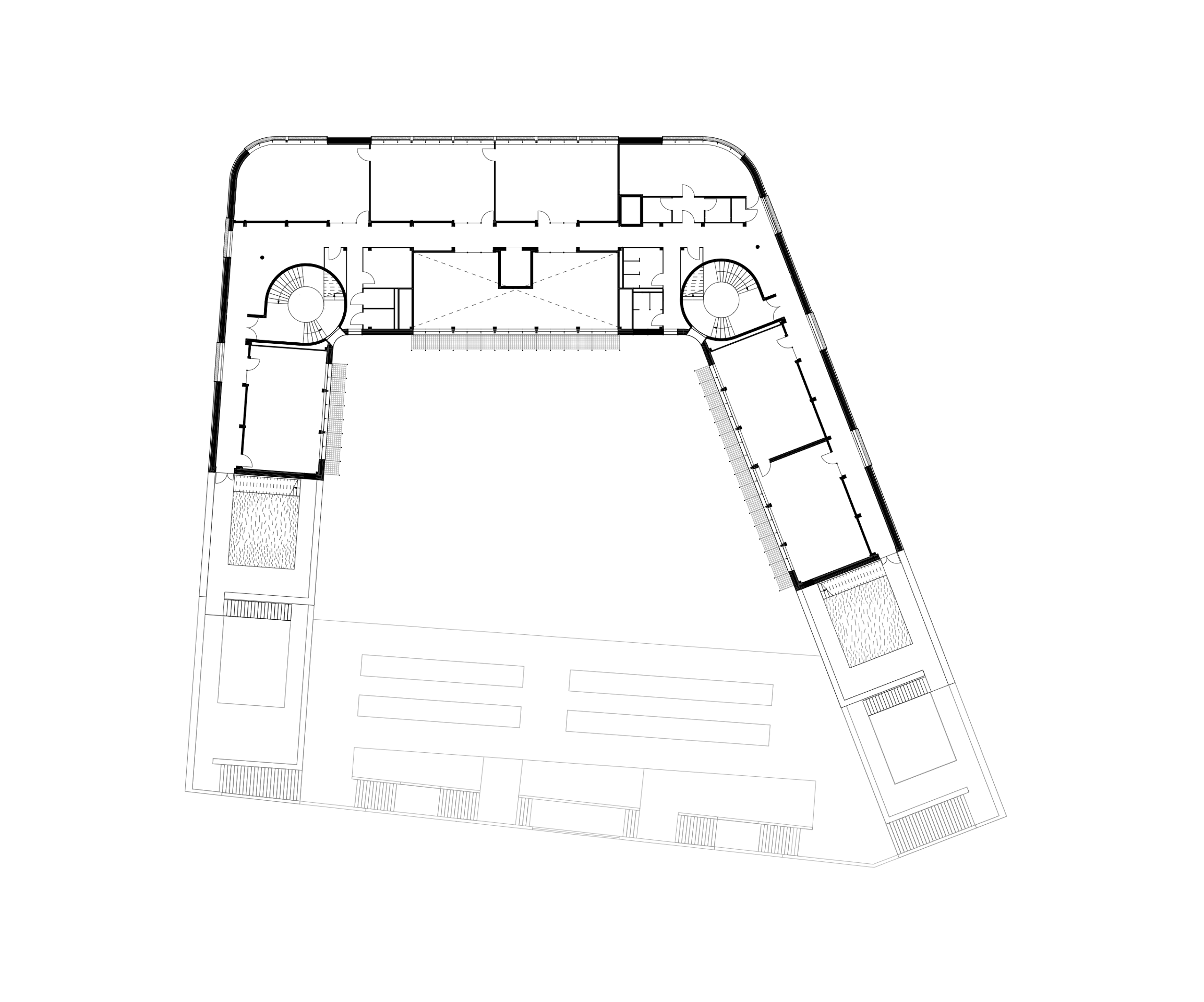 Plan en U du Groupe scolaire Dominique Frelaut à Colombes, montrant les ailes bâties encadrant la cour, circulations, salles de classe et jardins en toiture.