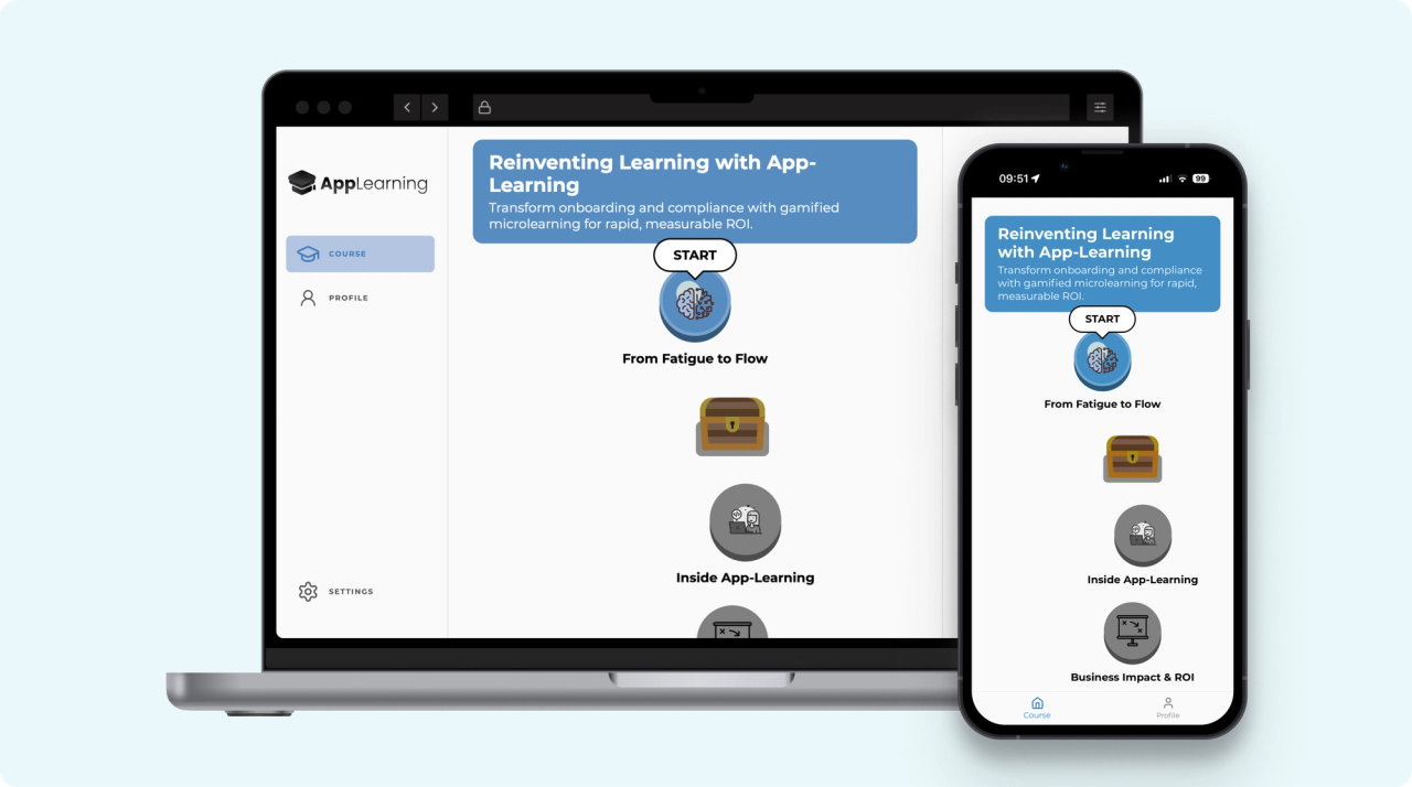 App-Learning auf Laptop und Mobilgerät mit Lernpfaden und Compliance-Onboarding.