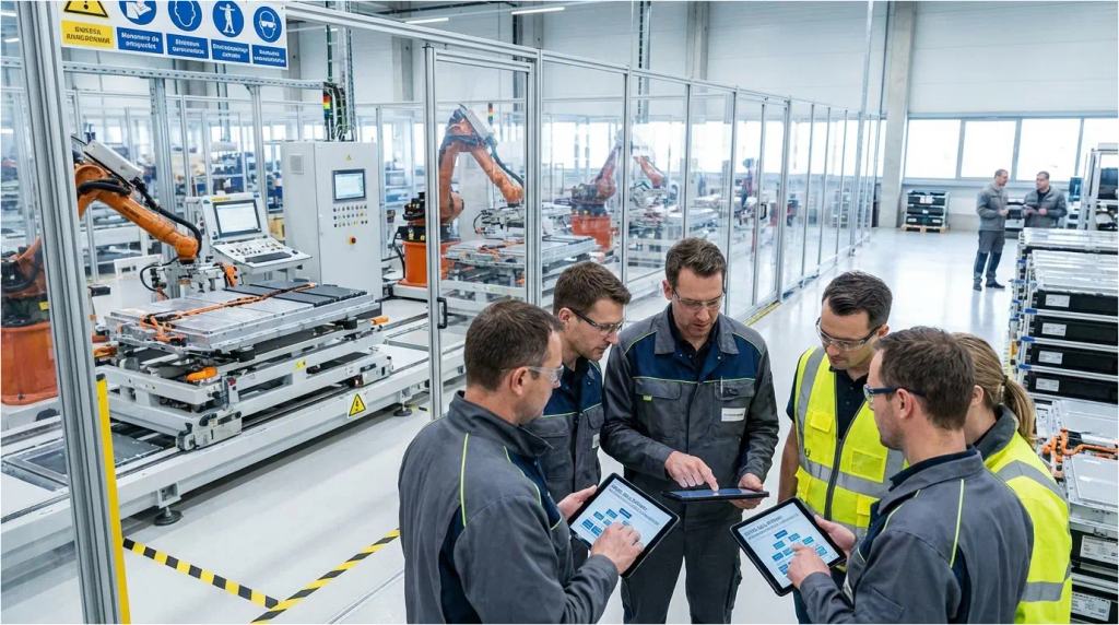 Industrial workers in a modern European factory using a digital learning workflow during a sector transition.