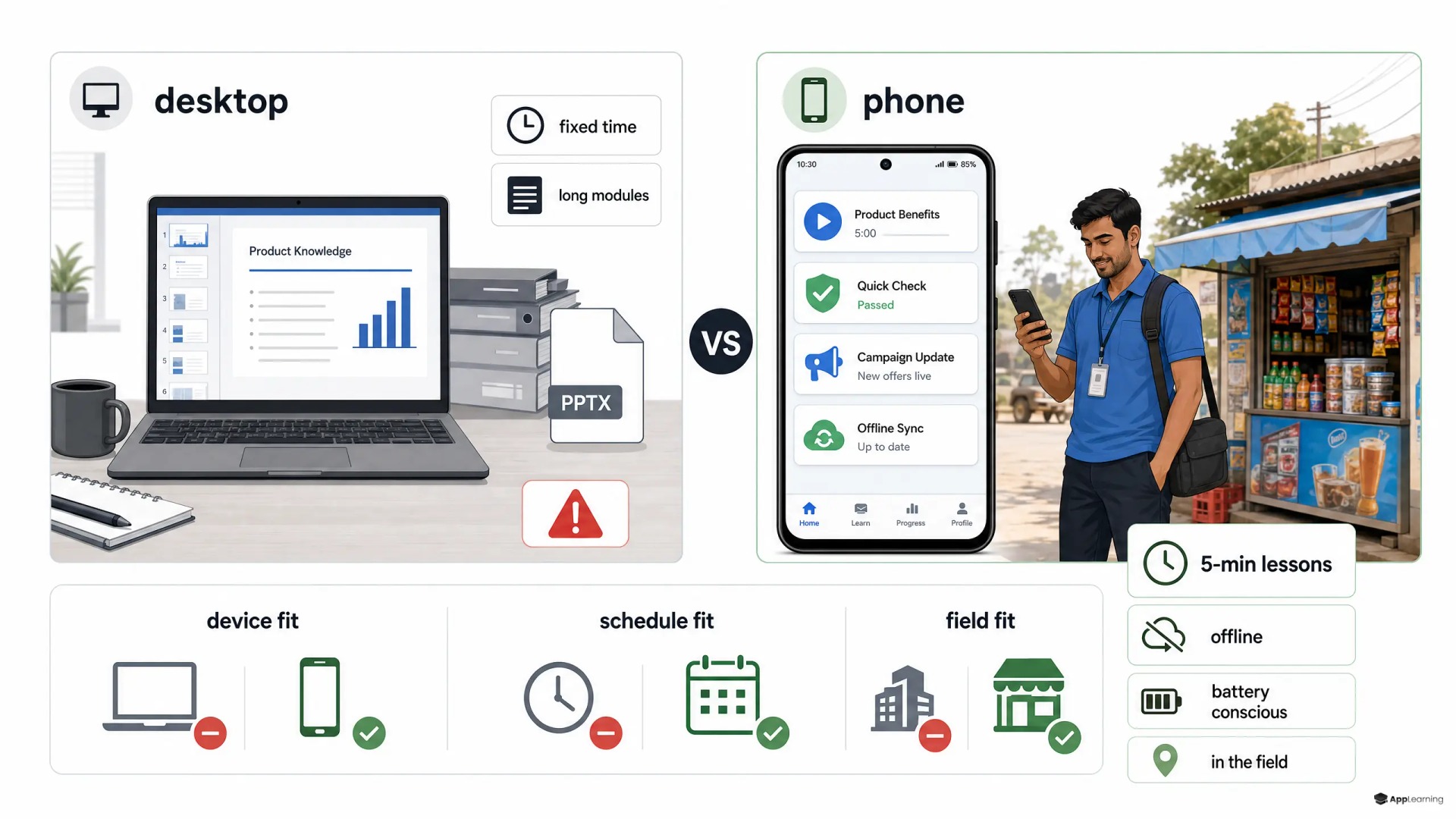Comparison of desktop-first training and mobile field training for sales agents.