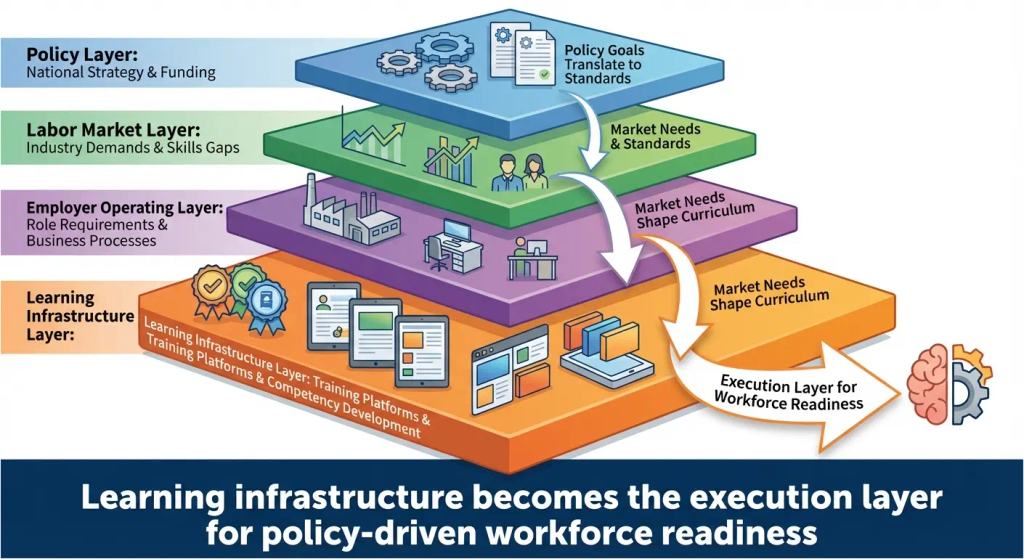 Explainer graphic showing five connected building blocks of Europe’s skills architecture and the employer implications of each.