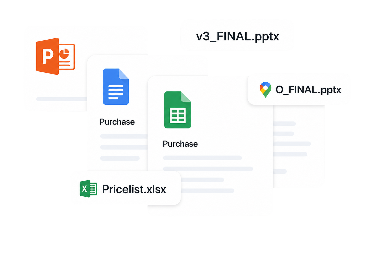Overlapping document and file illustrations.