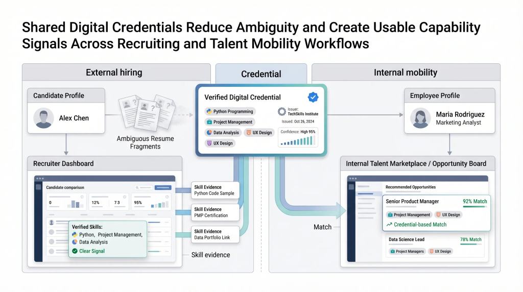 Dual-path diagram showing shared digital credentials for hiring and internal mobility.
