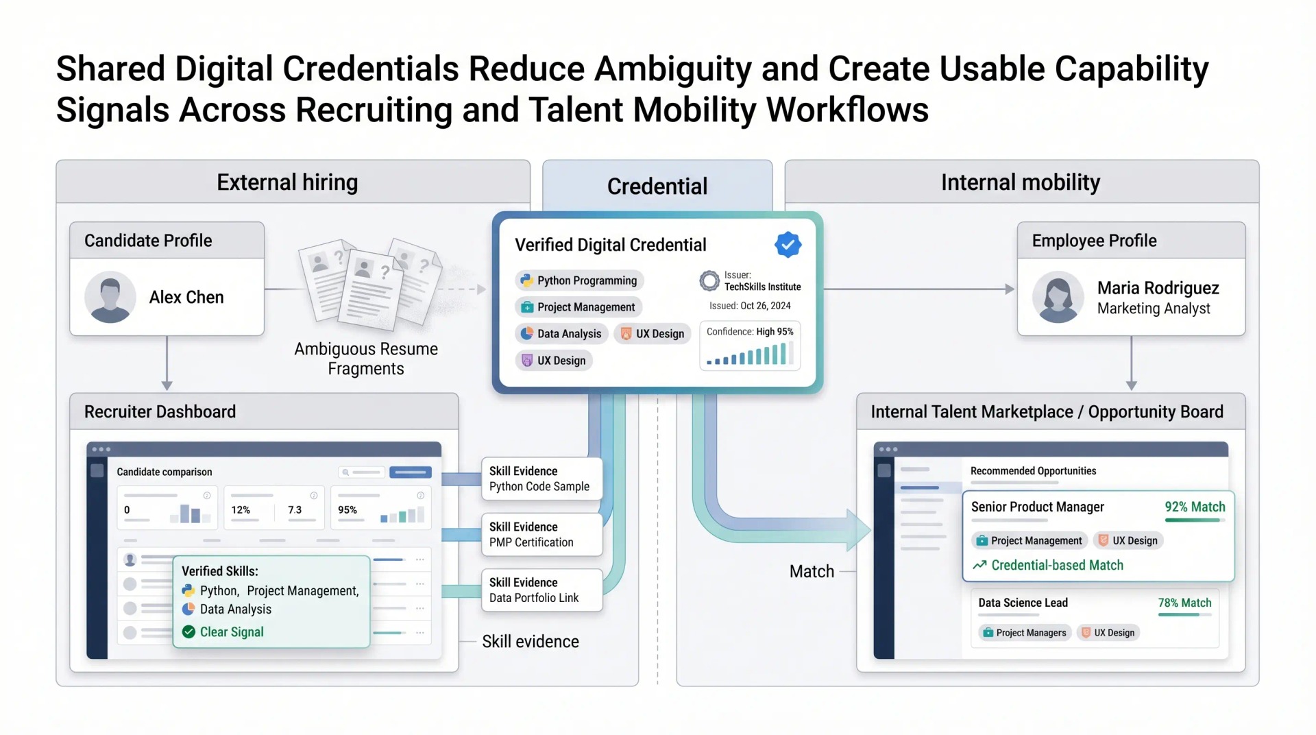 Zwei parallele Pfade zeigen gemeinsame digitale Credentials für Recruiting und interne Mobilität.