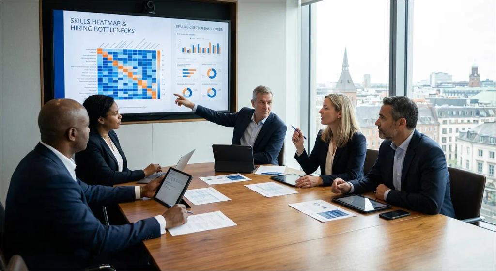 Executives in a modern boardroom reviewing workforce capability dashboards as part of business strategy