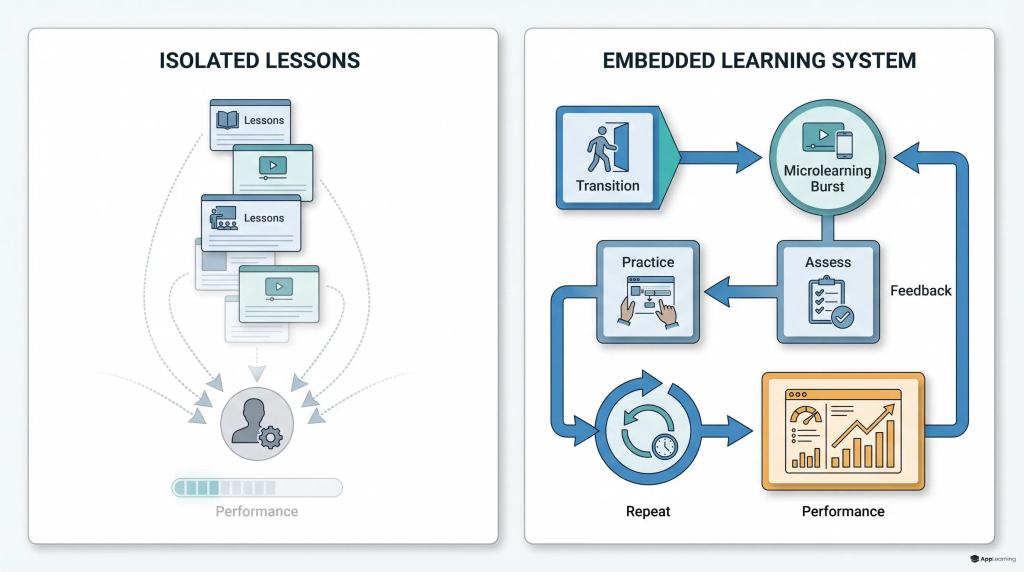 Vergleich zwischen isoliertem Microlearning und einem eingebetteten Lernsystem.