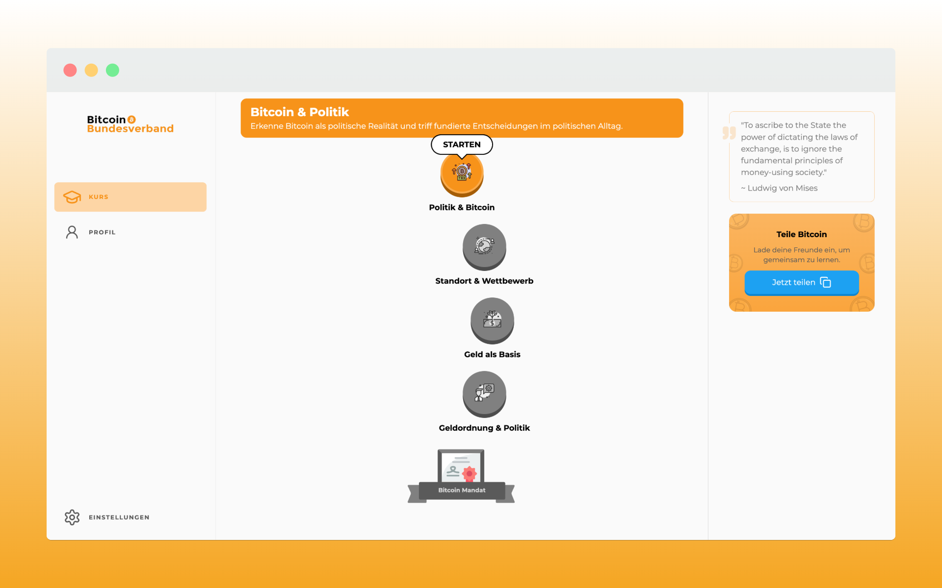 Dashboard der Bitcoin Bundesverband Academy