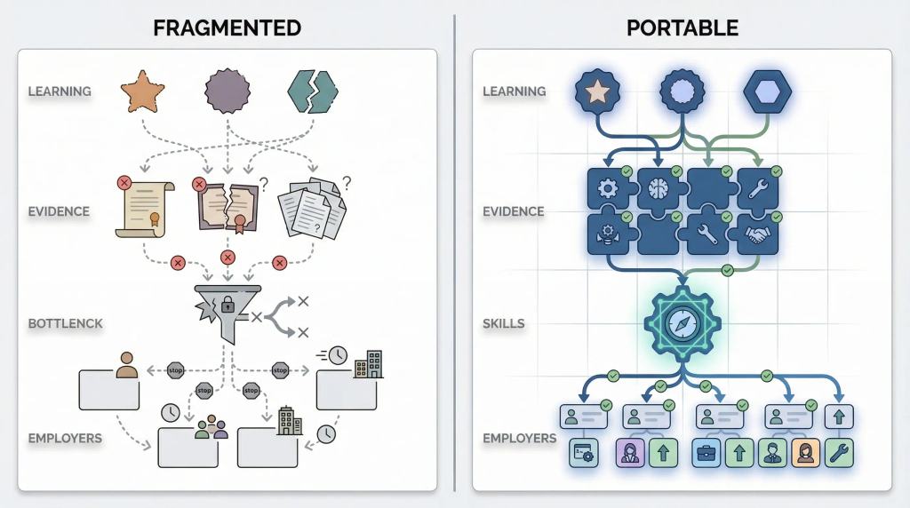Diagram comparing fragmented credentials with a portable skills profile