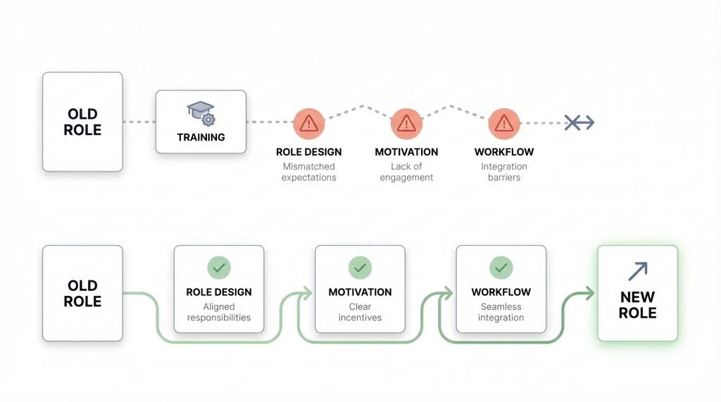 Two-lane diagram comparing failed and integrated reskilling pathways.