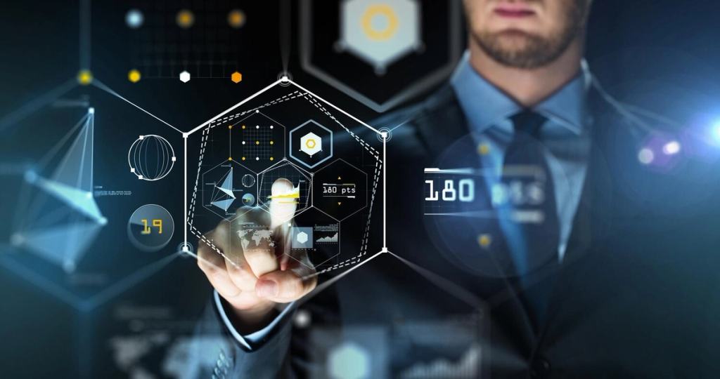 A business leader reviews a workforce dashboard showing portable digital credentials and skill evidence in a modern office.