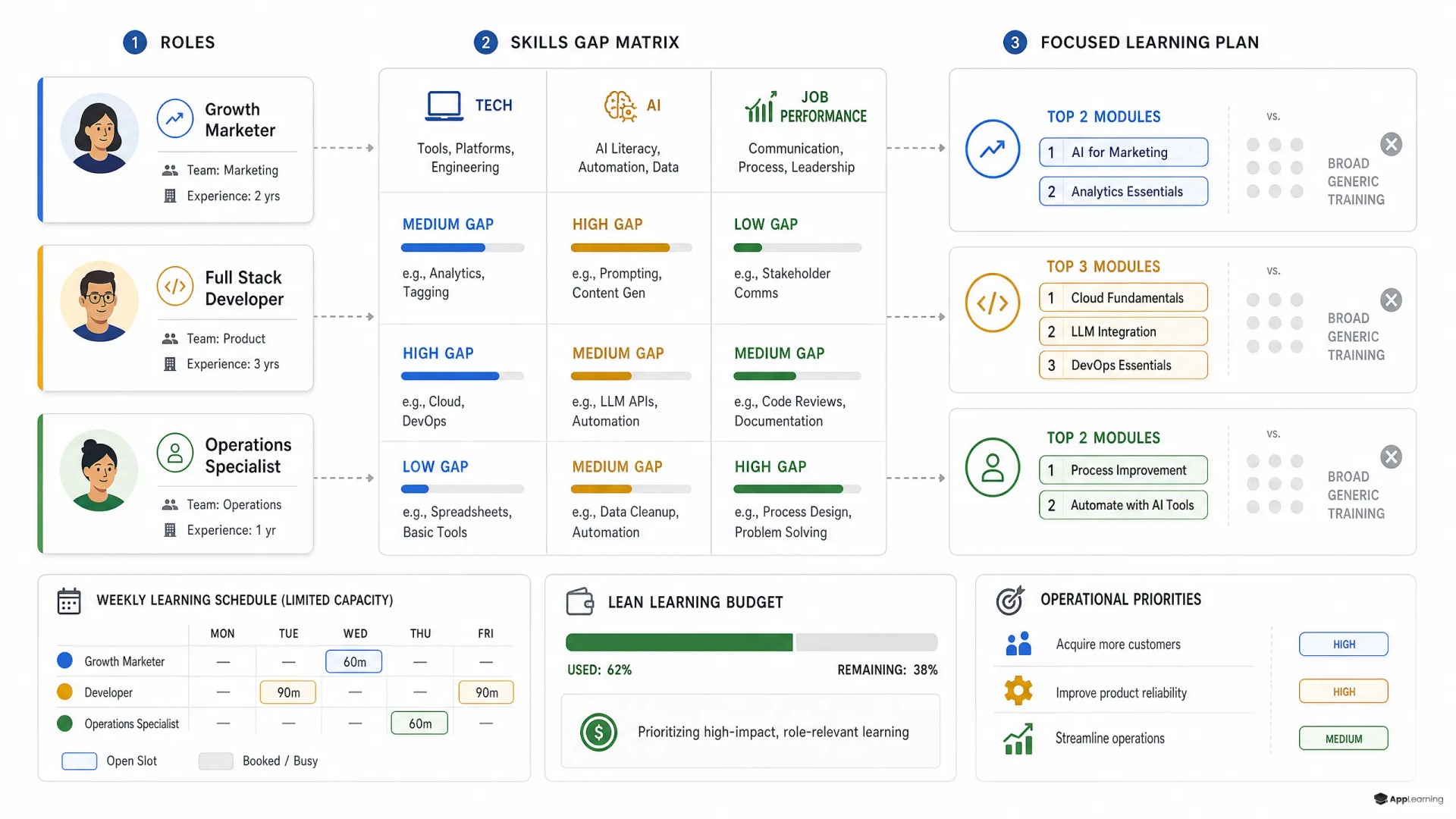 Role-based SME skills-gap map with budget and time constraints.