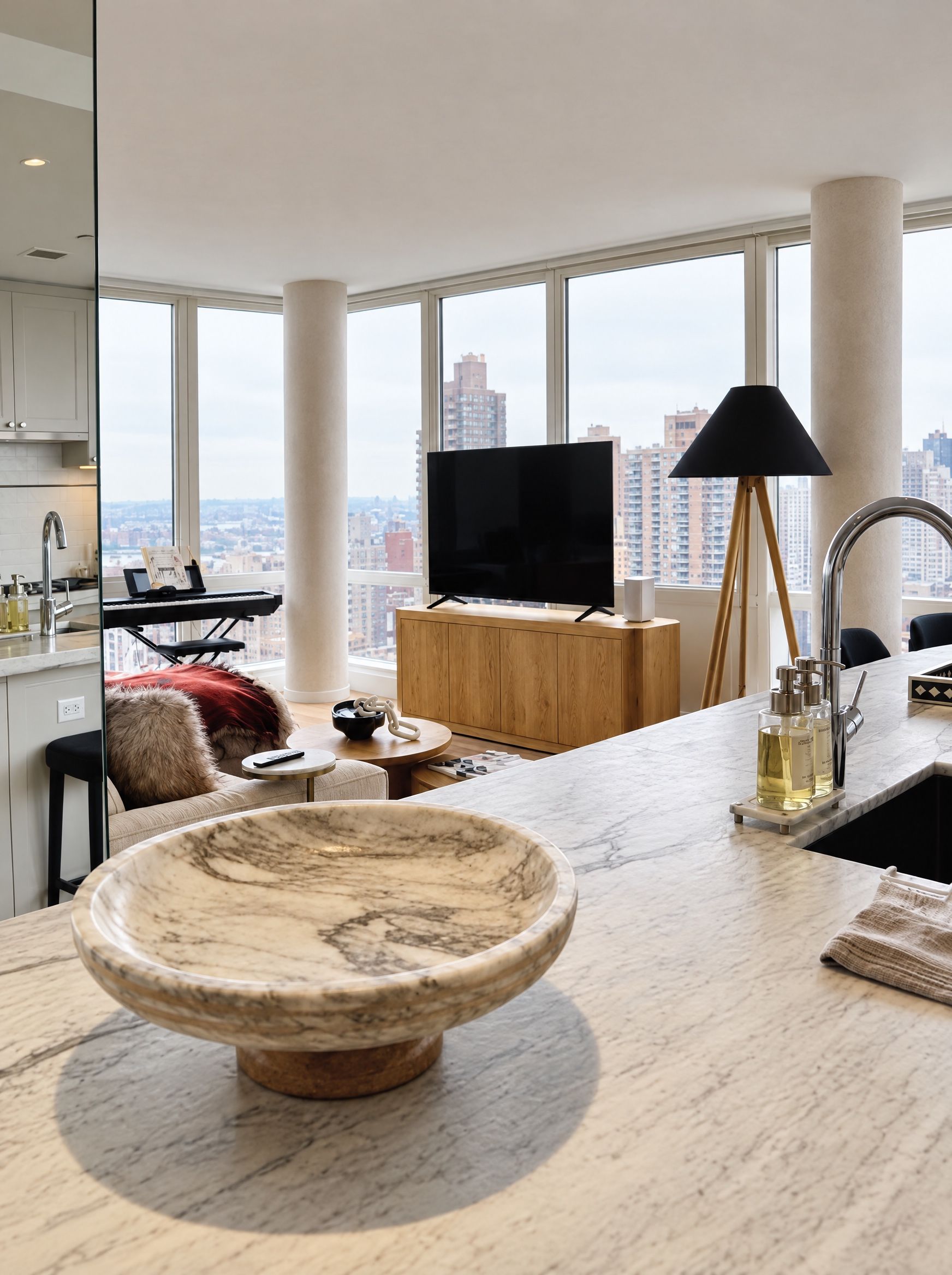 Marble pedestal bowl on the kitchen counter looking through to the living room and the skyline