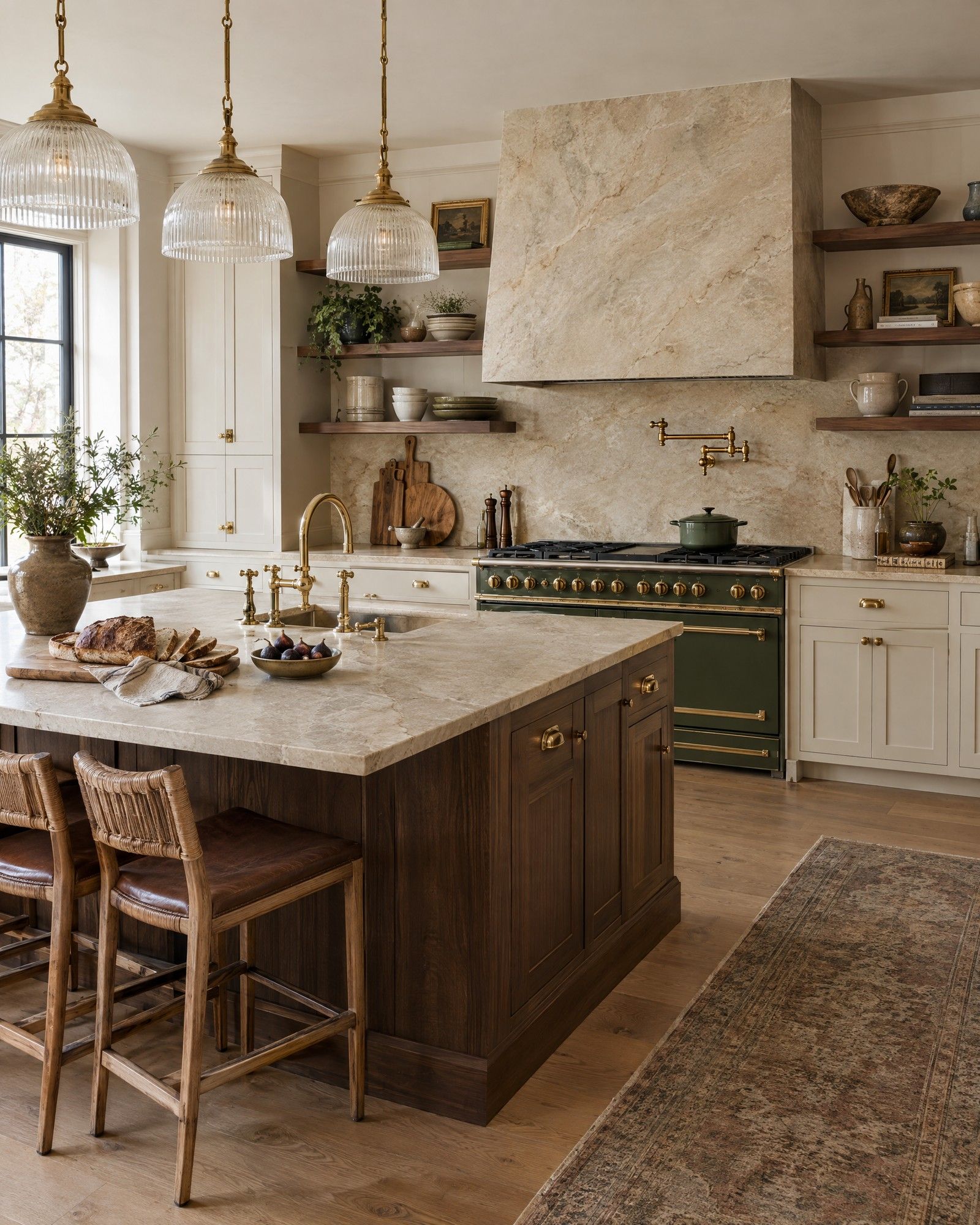 A kitchen with leathered Taj Mahal quartzite counters, backsplash and hood, a walnut island and an olive-green range with brass trim