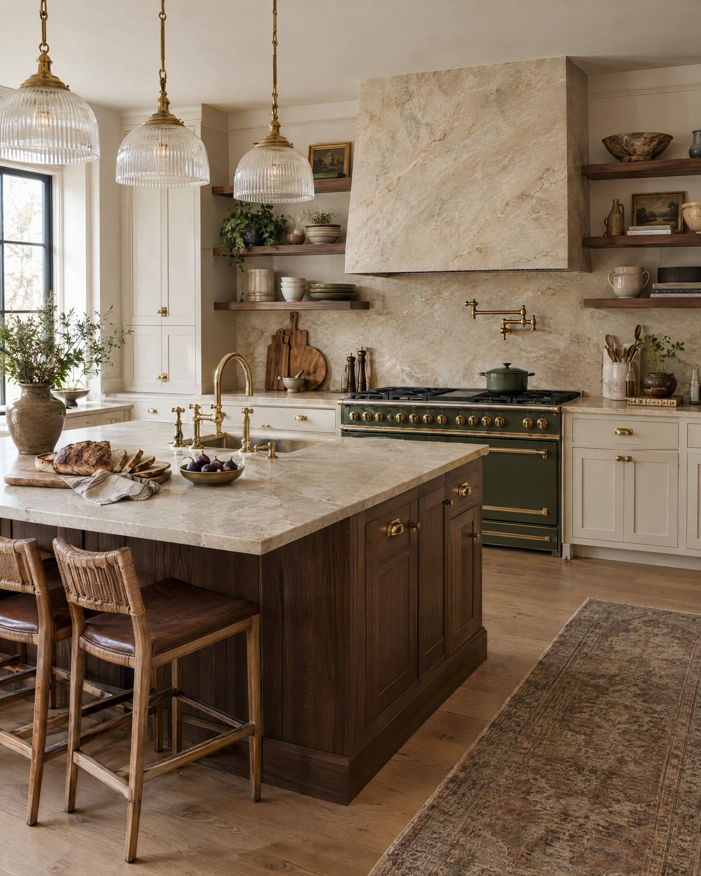A kitchen with leathered Taj Mahal quartzite counters, backsplash and hood, a walnut island and an olive-green range with brass trim