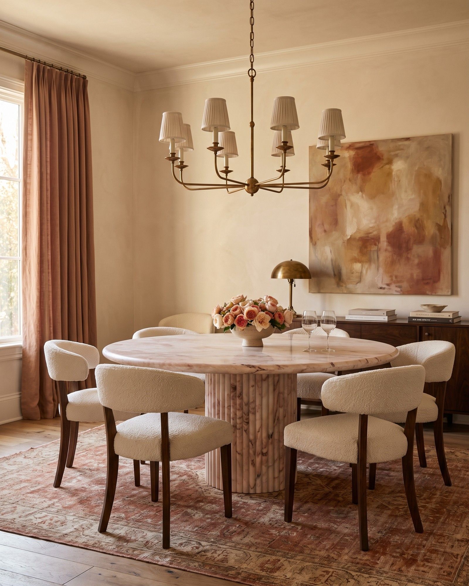 A dining room with a round pedestal table in honed Rosa Portogallo marble, pale pink, cream boucle chairs and a brass chandelier with linen shades