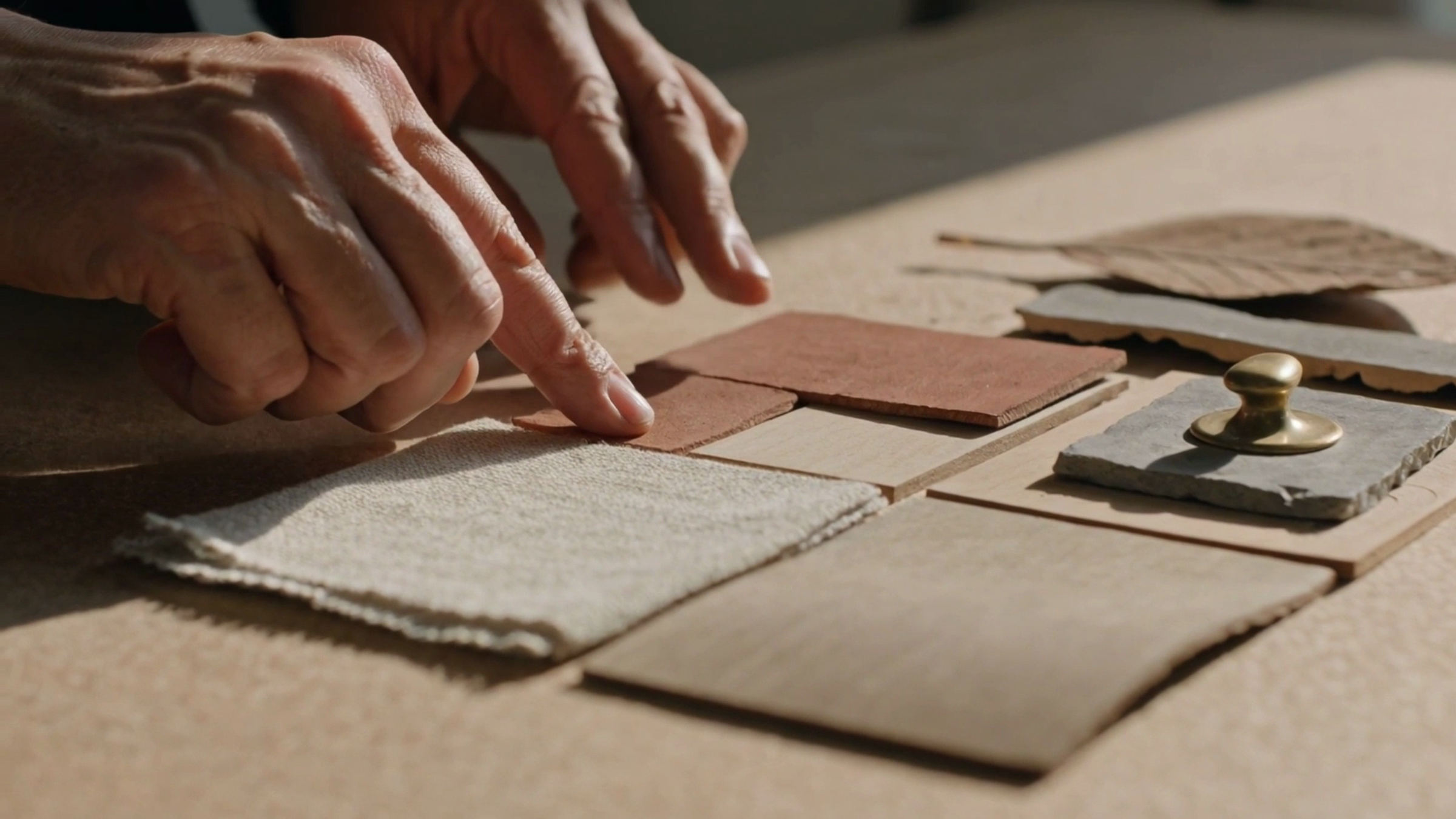 Hands at the studio worktable arranging linen, oak, limestone and a brass pull into a grid, pressing a clay swatch into place