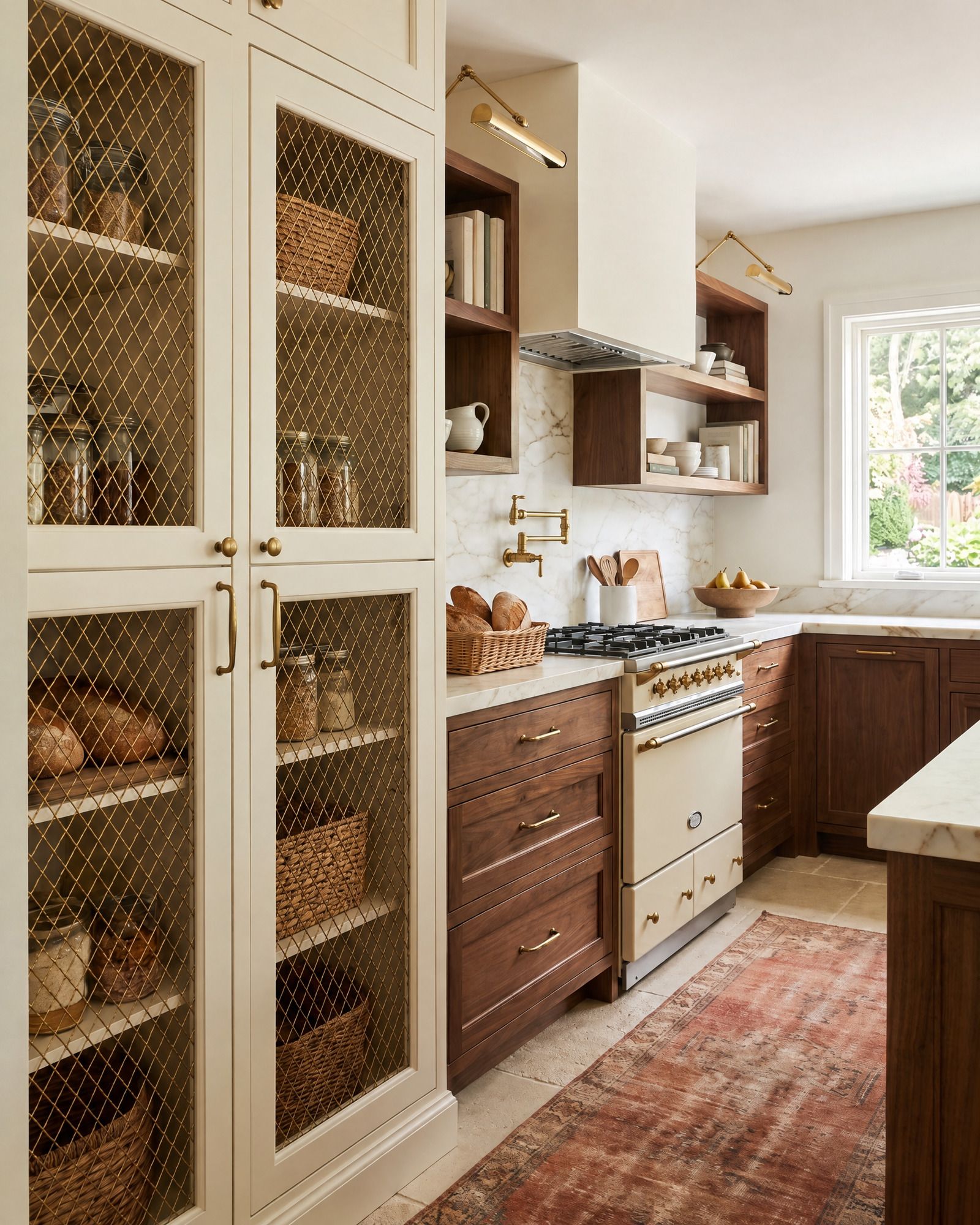 A tall cream pantry whose doors hold bright diamond brass wire mesh with jars and baskets visible inside, beside walnut lower cabinets and a cream range with brass trim