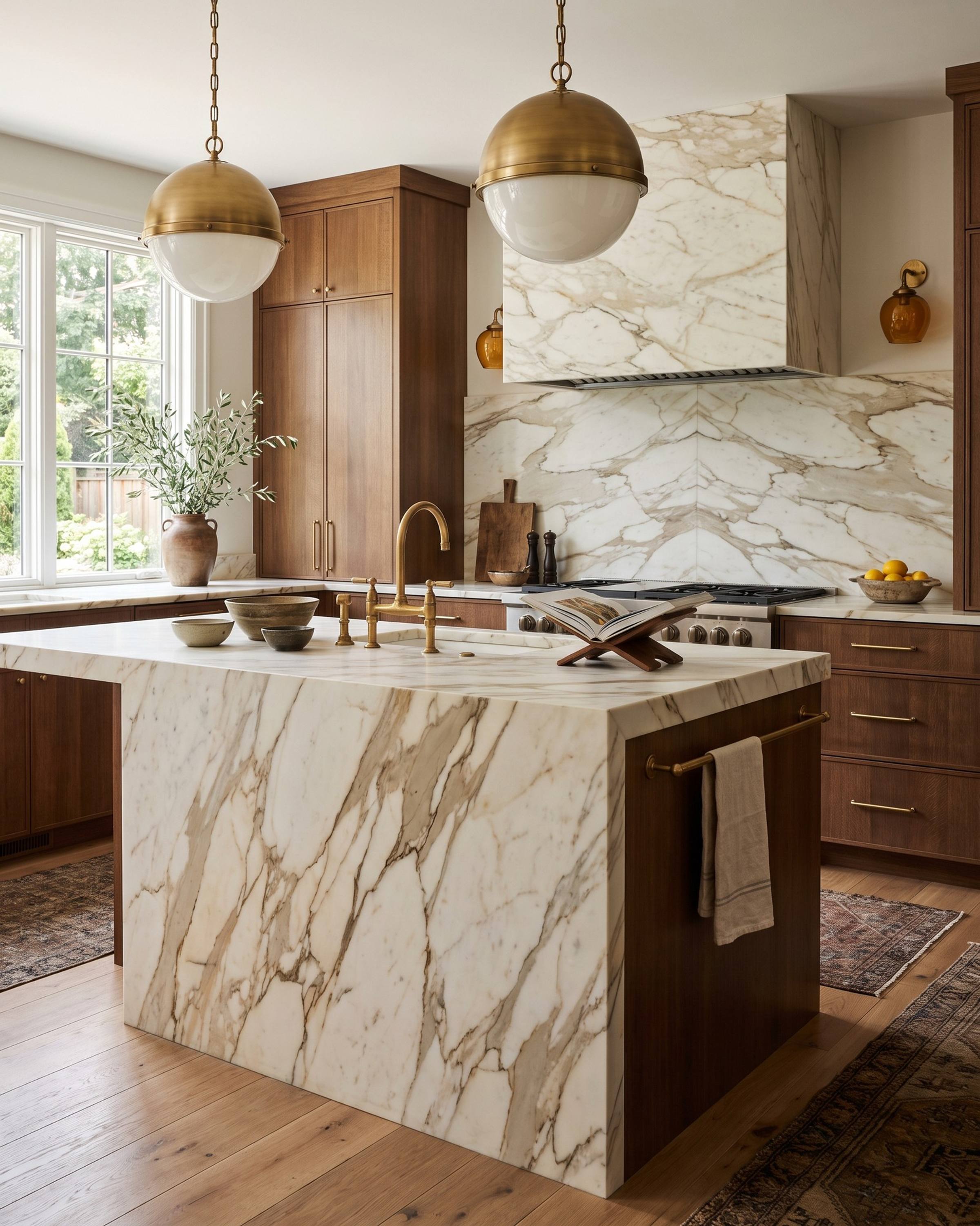 A walnut kitchen with a waterfall island in honed Calacatta Gold marble, bold gold and taupe veins on cream, brass dome pendants and a slab backsplash and hood