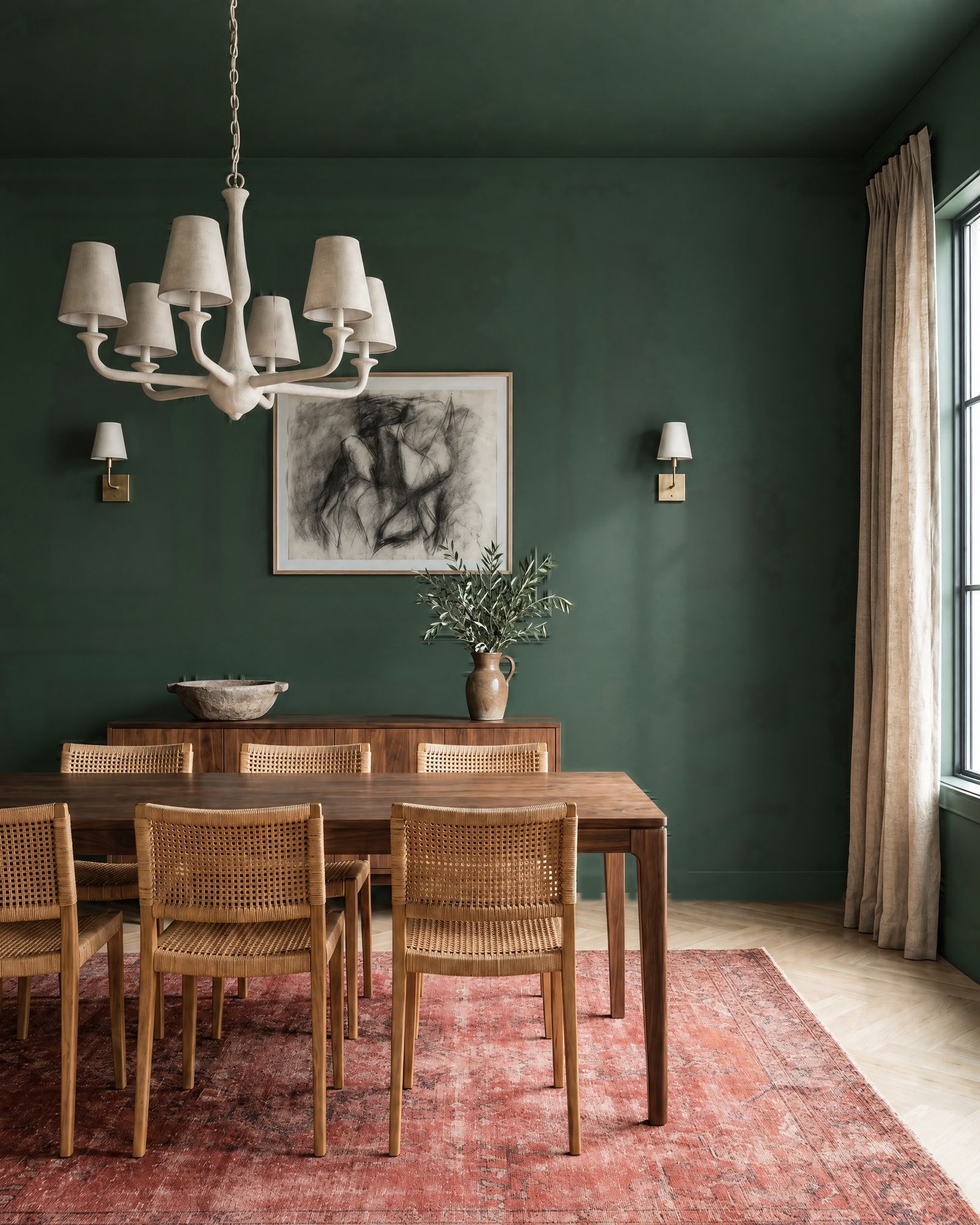 The same deep green dining room with plain walls