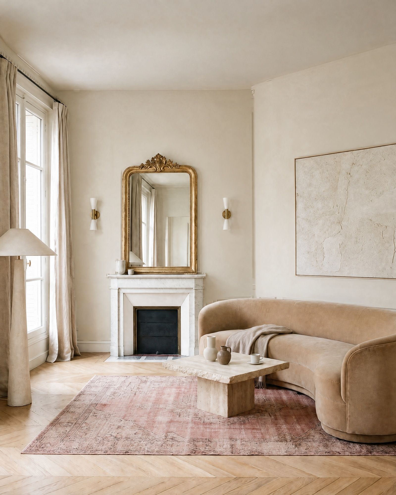 The same warm white salon with plain walls