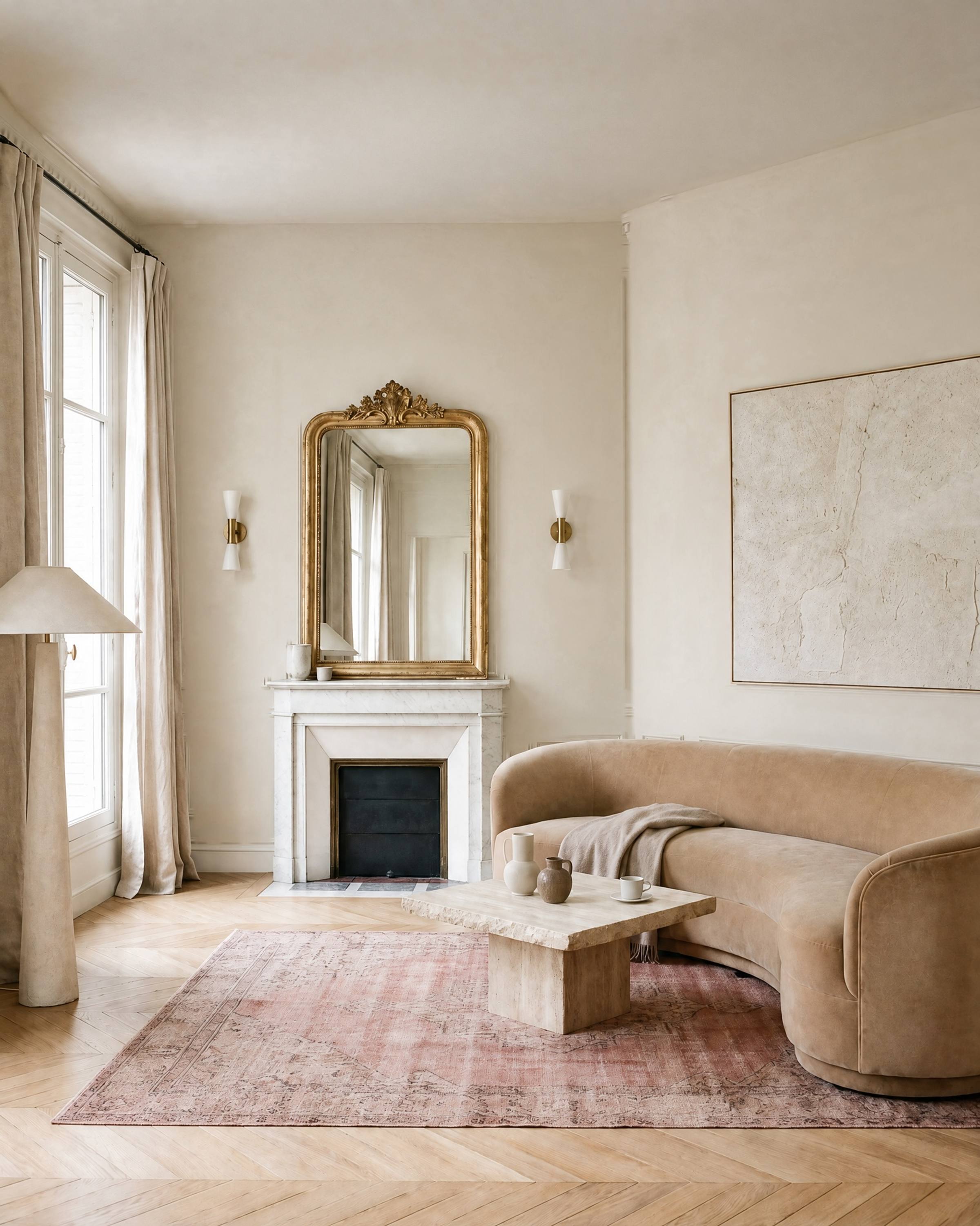 The same warm white salon with plain walls