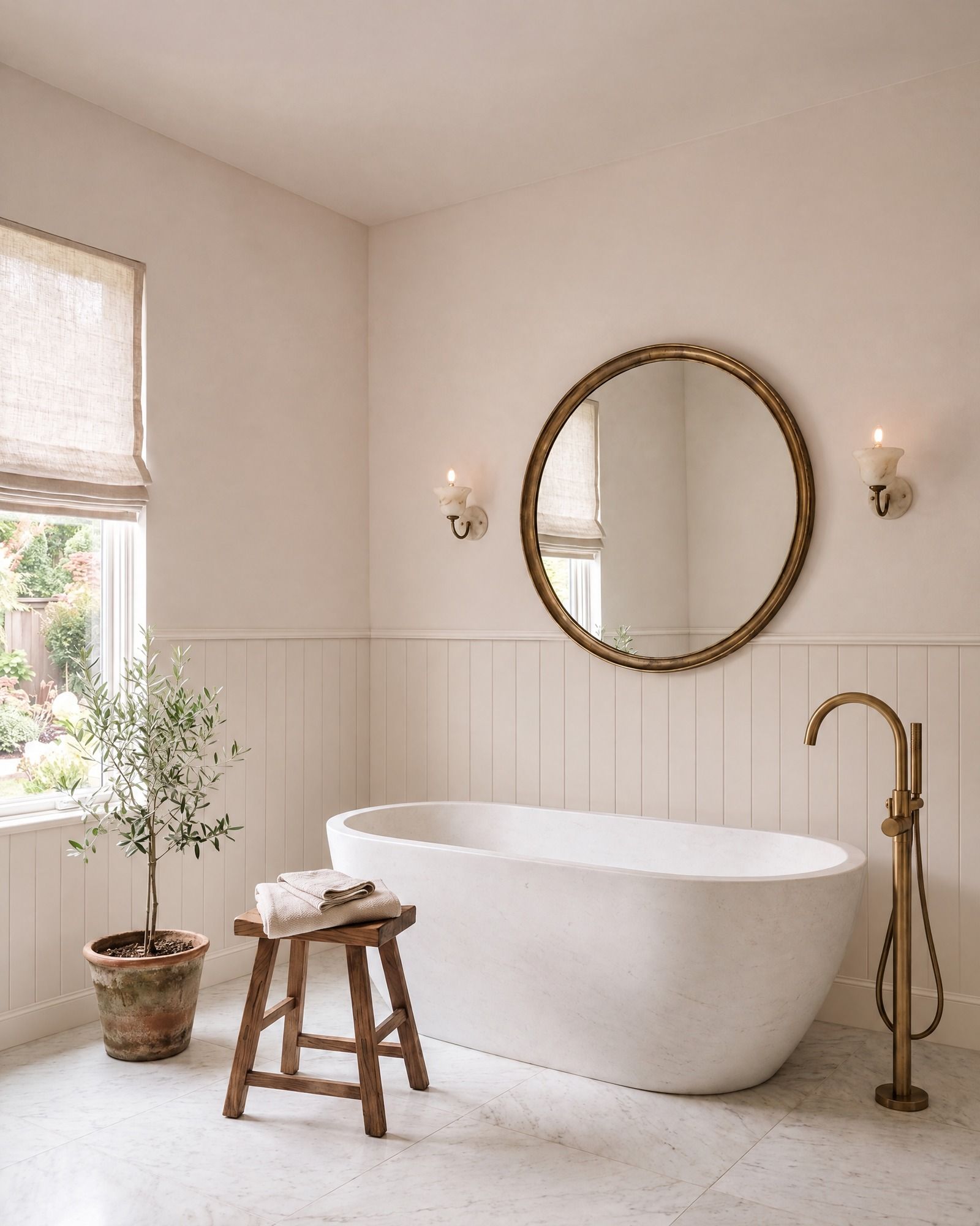 A warm white bathroom with a stone tub and brass filler, painted beadboard wainscoting added to the walls under a cap rail behind the tub
